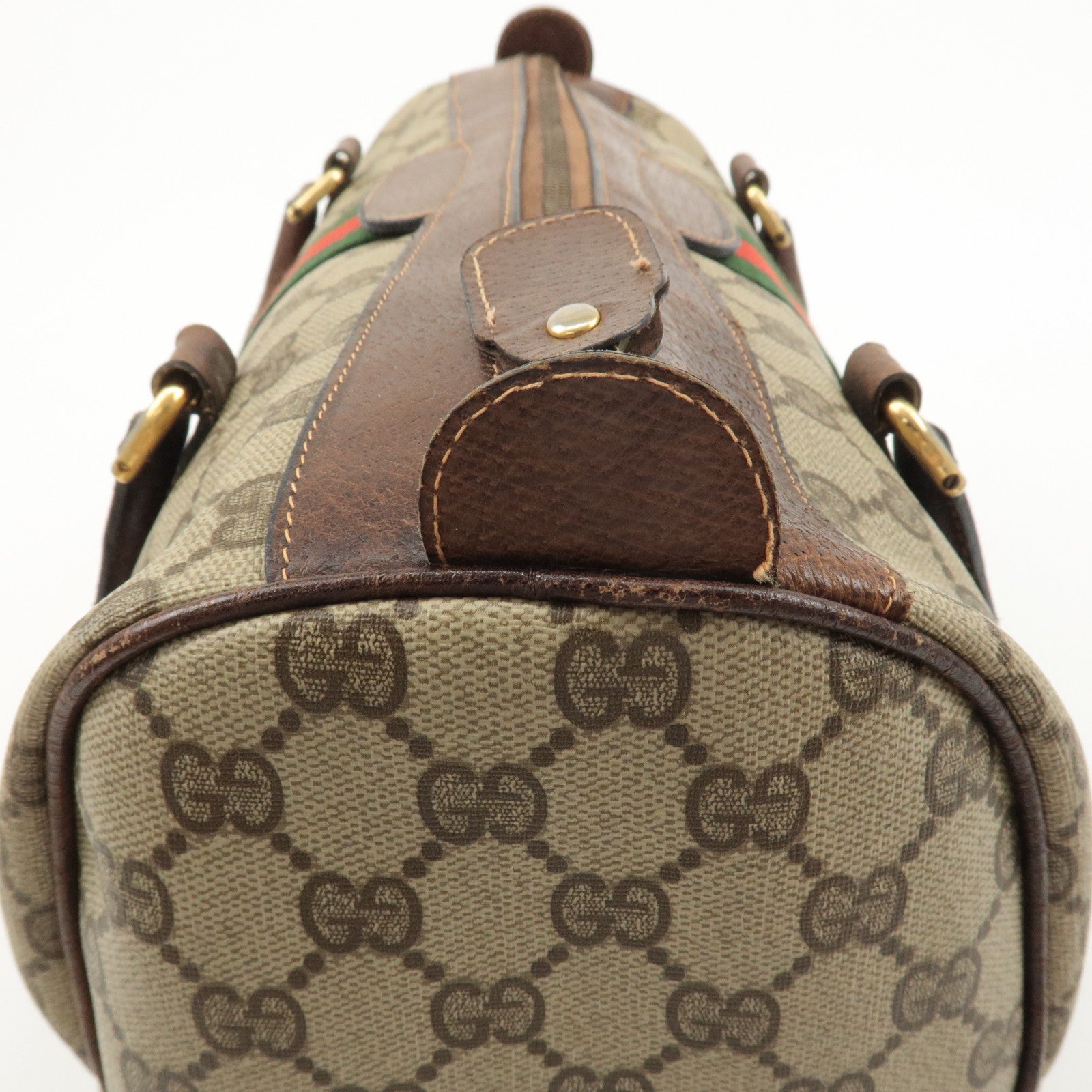 GUCCI Old Gucci Sherry GG Plus Leather Boston Bag Beige Brown