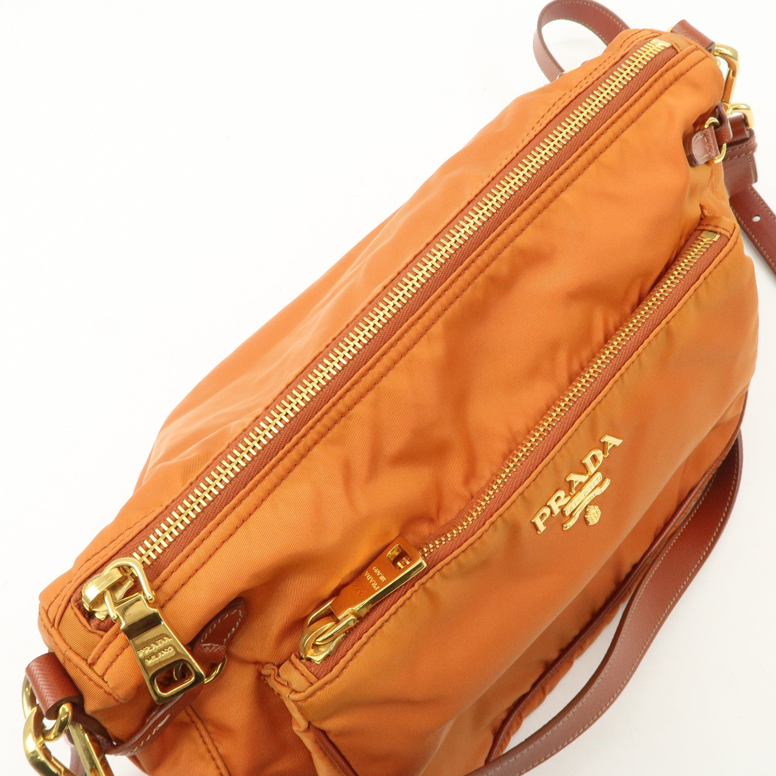 PRADA Logo Nylon Leather Shoulder Bag Gold Hardware Orange Used