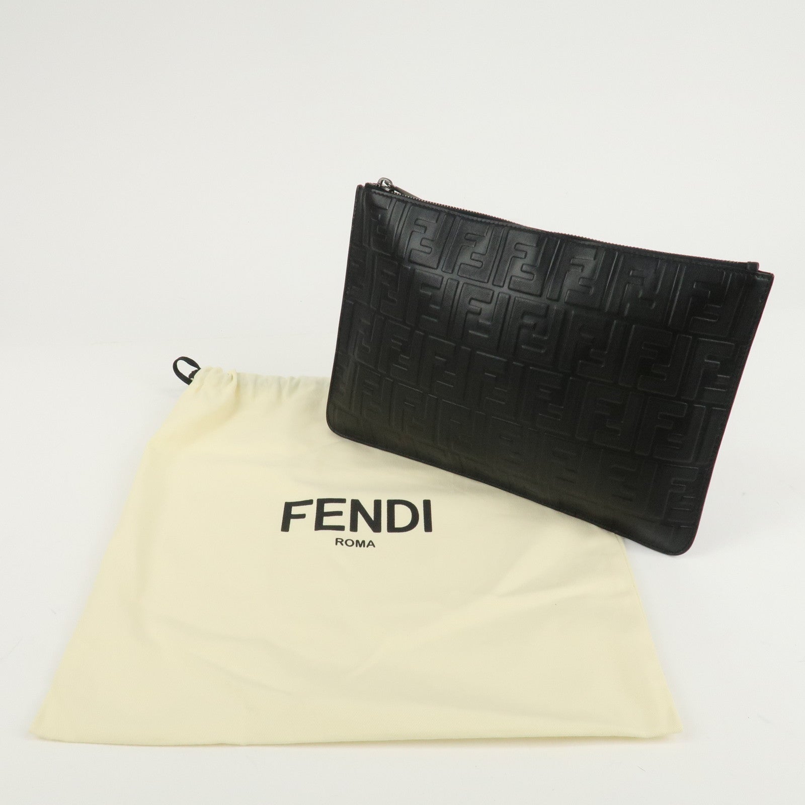 FENDI Zucca Leather Clutch Bag Hand Bag  Black 7N0078