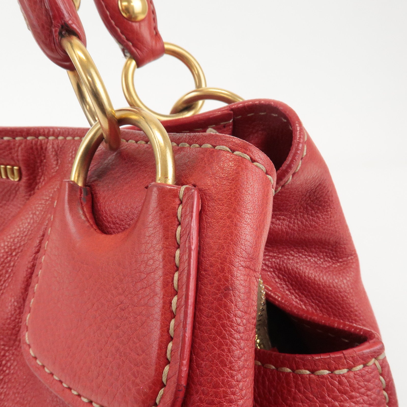 MIU MIU Logo Leather Shoulder Bag Tote Bag Red Used