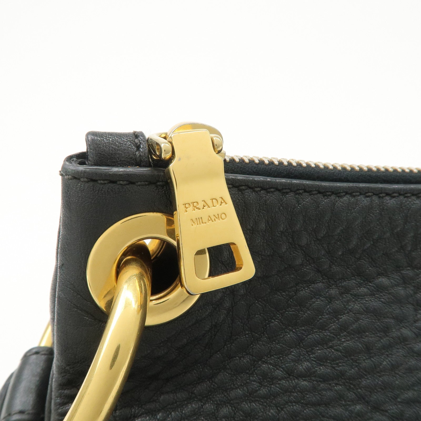 PRADA Logo Leather One-Shoulder Bag Hand Bag Black Gold Hardware Used