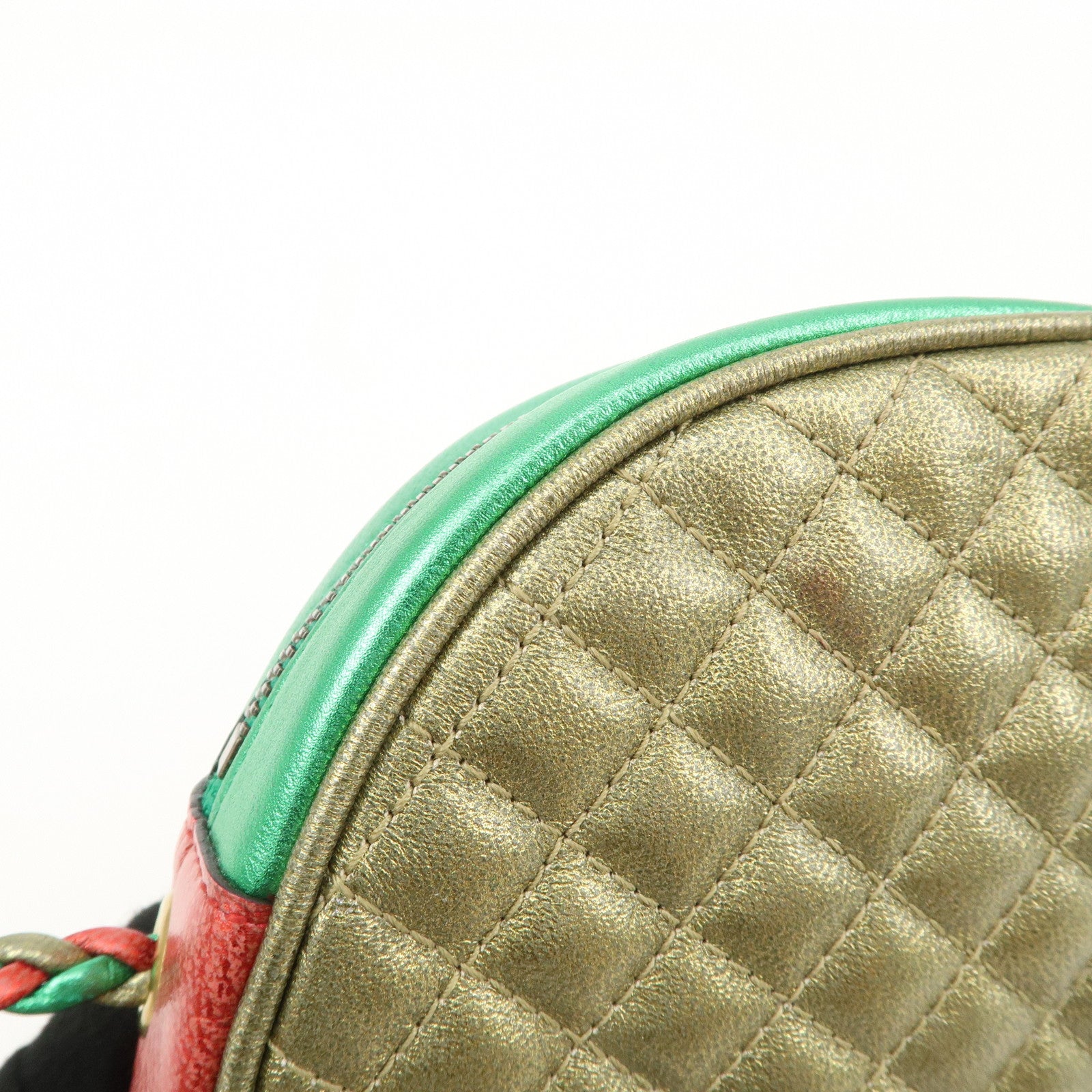 GUCCI Laminate Quilting Leather Shoulder Bag Green Red Gold 534951