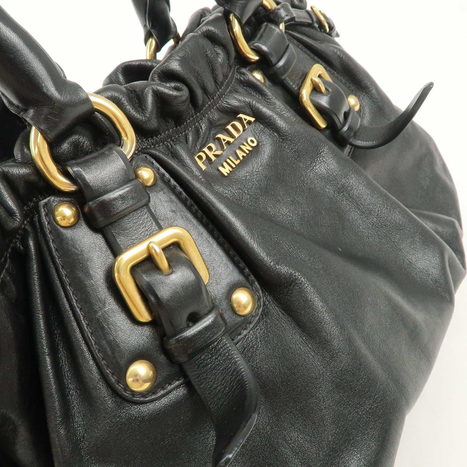 PRADA Logo Leather Gathered Hand Bag Black Gold HDW BR4259 Used