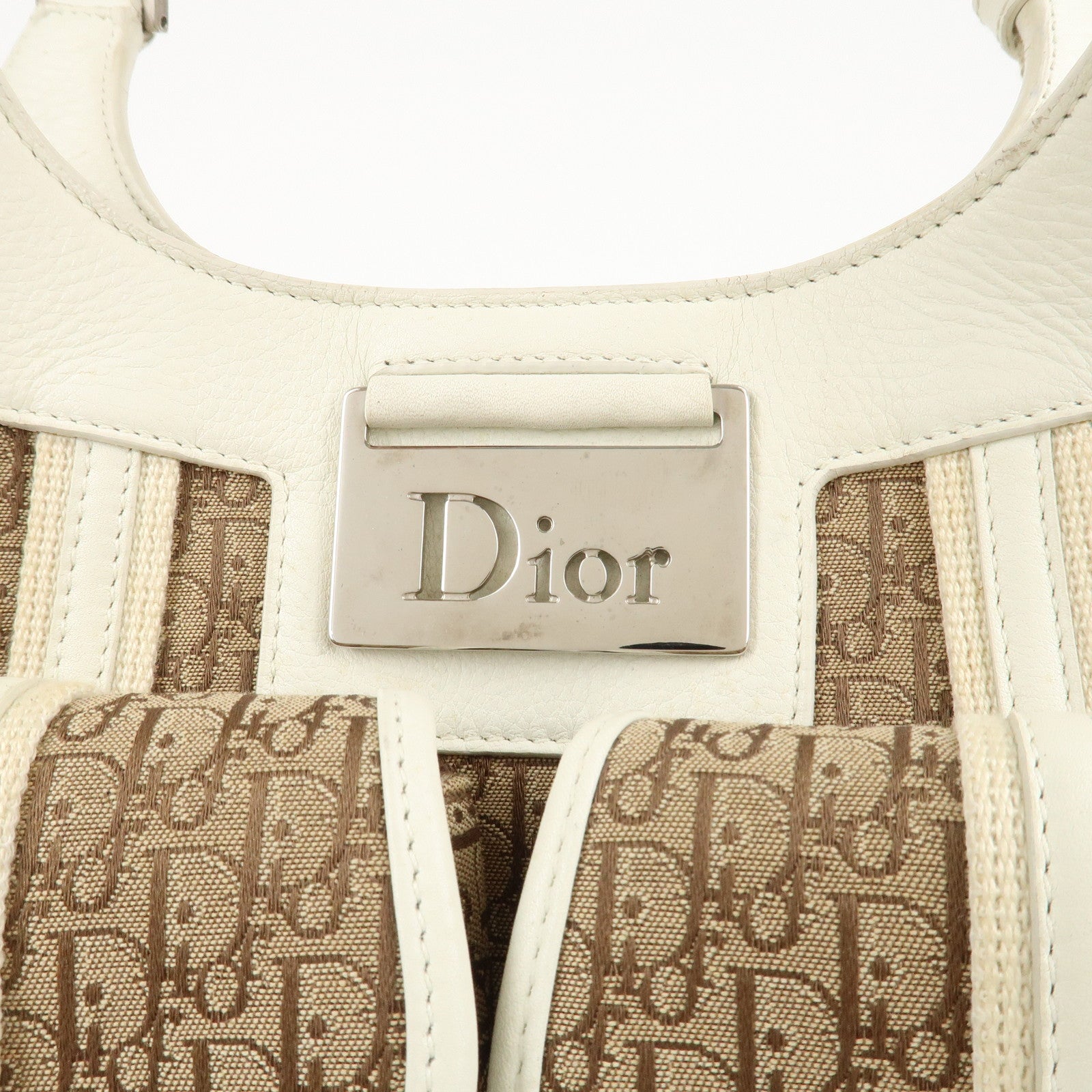 Christian Dior Canvas Leather Tote Bag Beige White Used