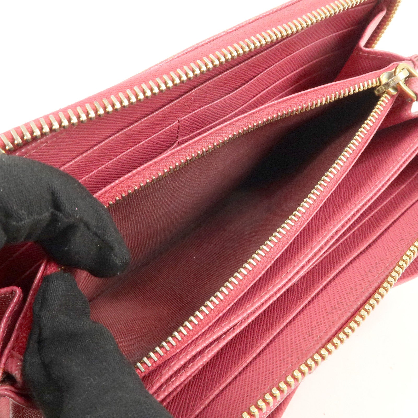 PRADA Saffiano Leather Ribbon Round Zipper Long Pink Wallet