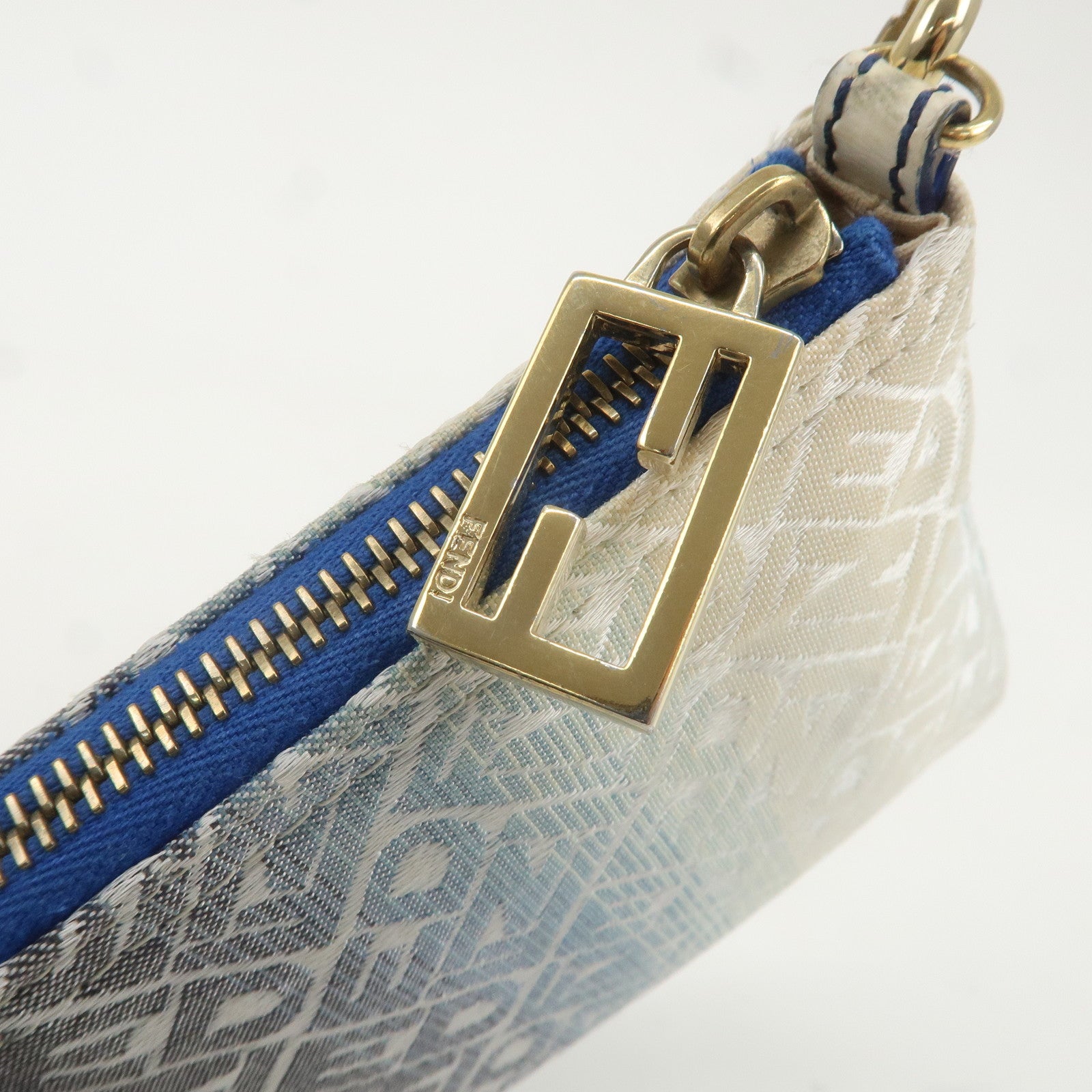 FENDI Canvas Chain Accessory Pouch Beige Blue 8BR592