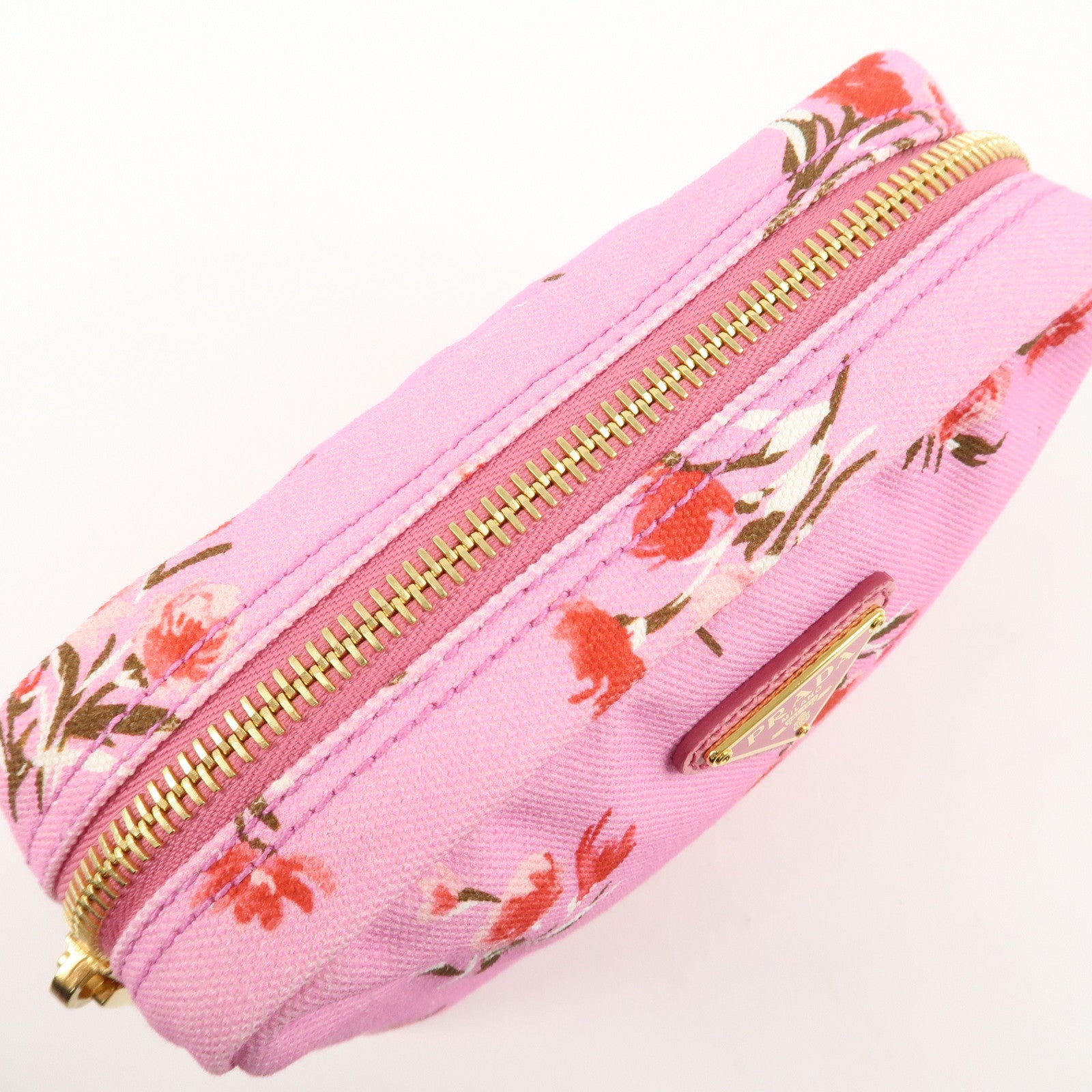 PRADA Canapa Canvas Leather Cosmetic Pouch Flower 1NA021 Pink Used