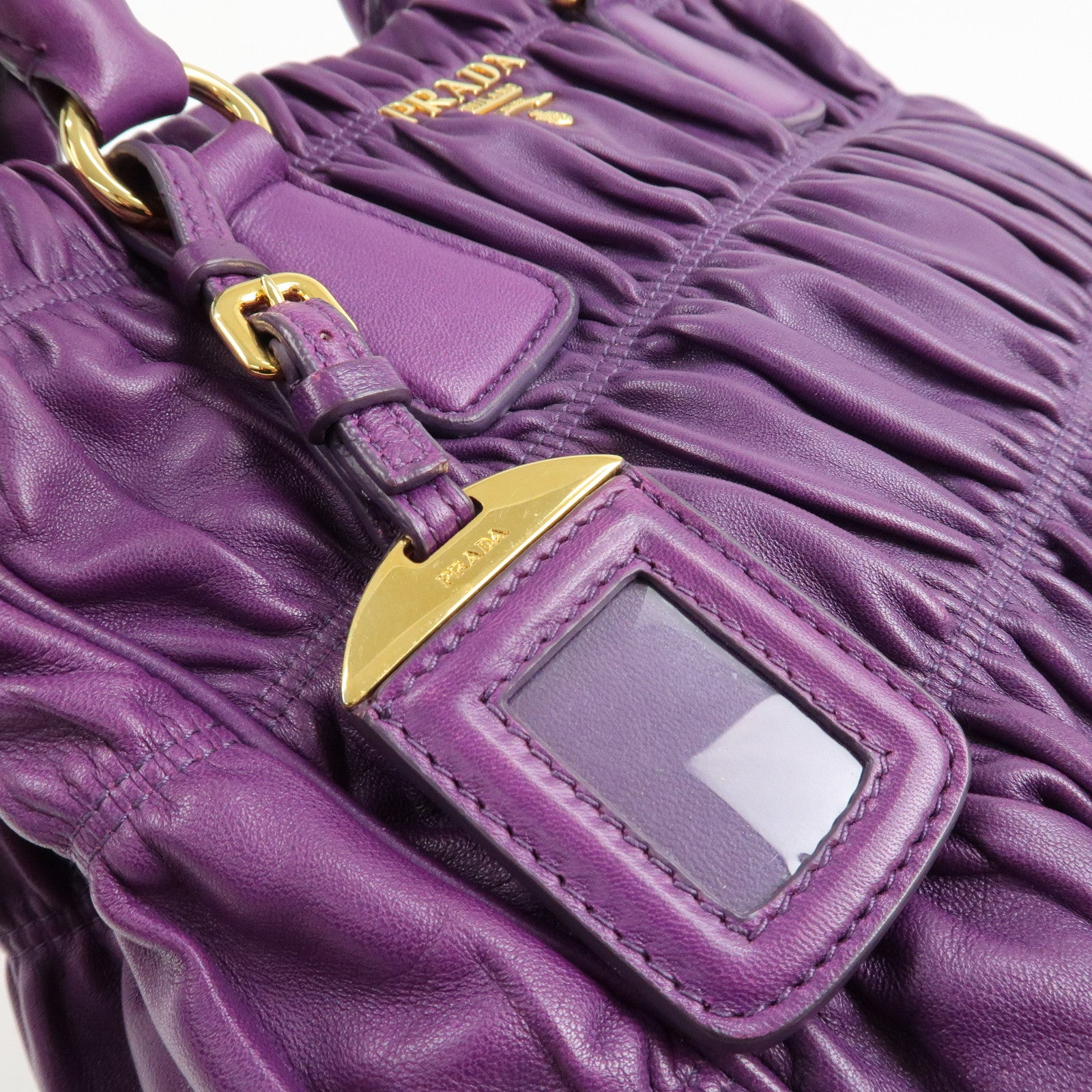 PRADA Leather Gathered Hand Bag Purple Gold Hardware BN2394