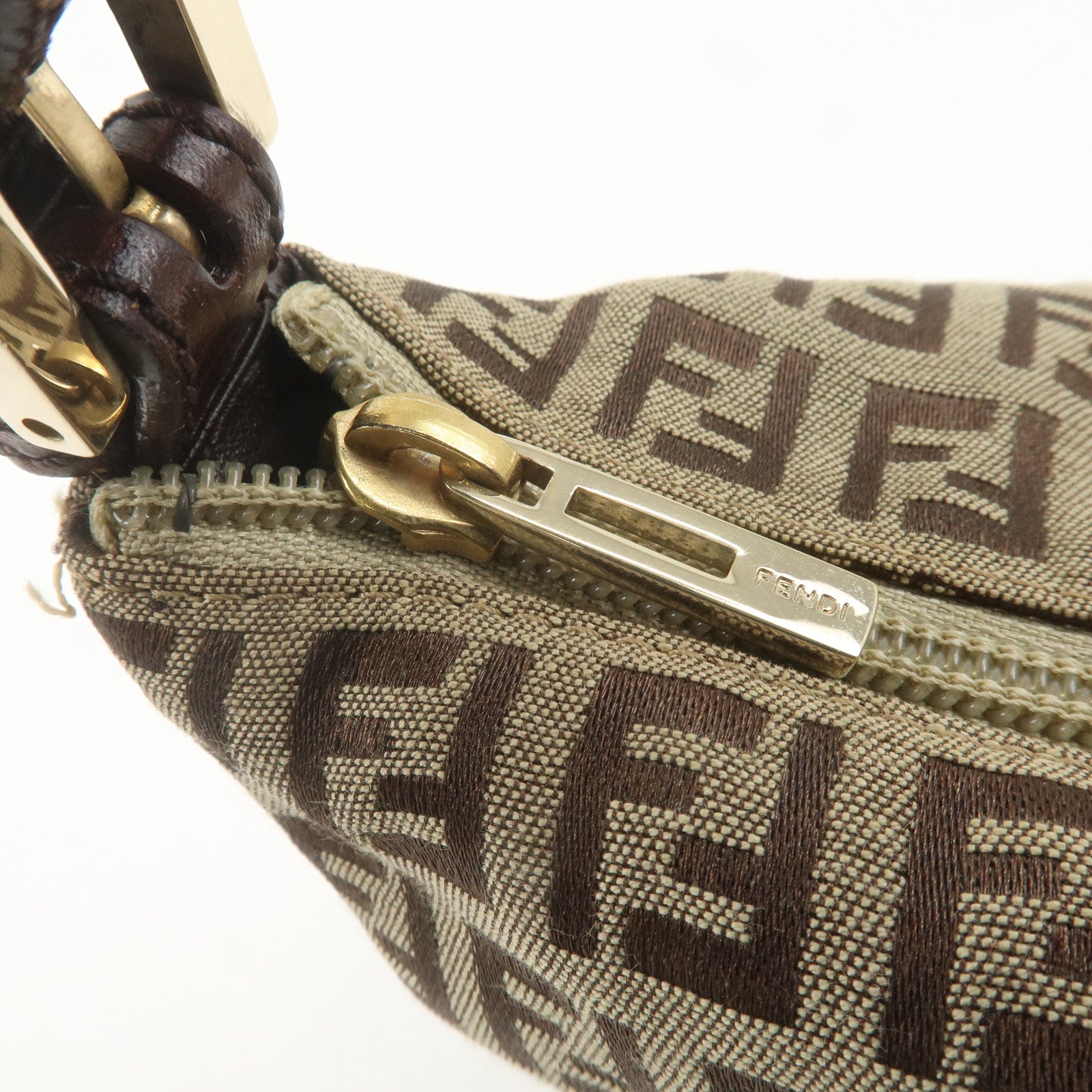 FENDI Zucchino Canvas Leather Hand Bag Pouch Khaki Brown 8N0005