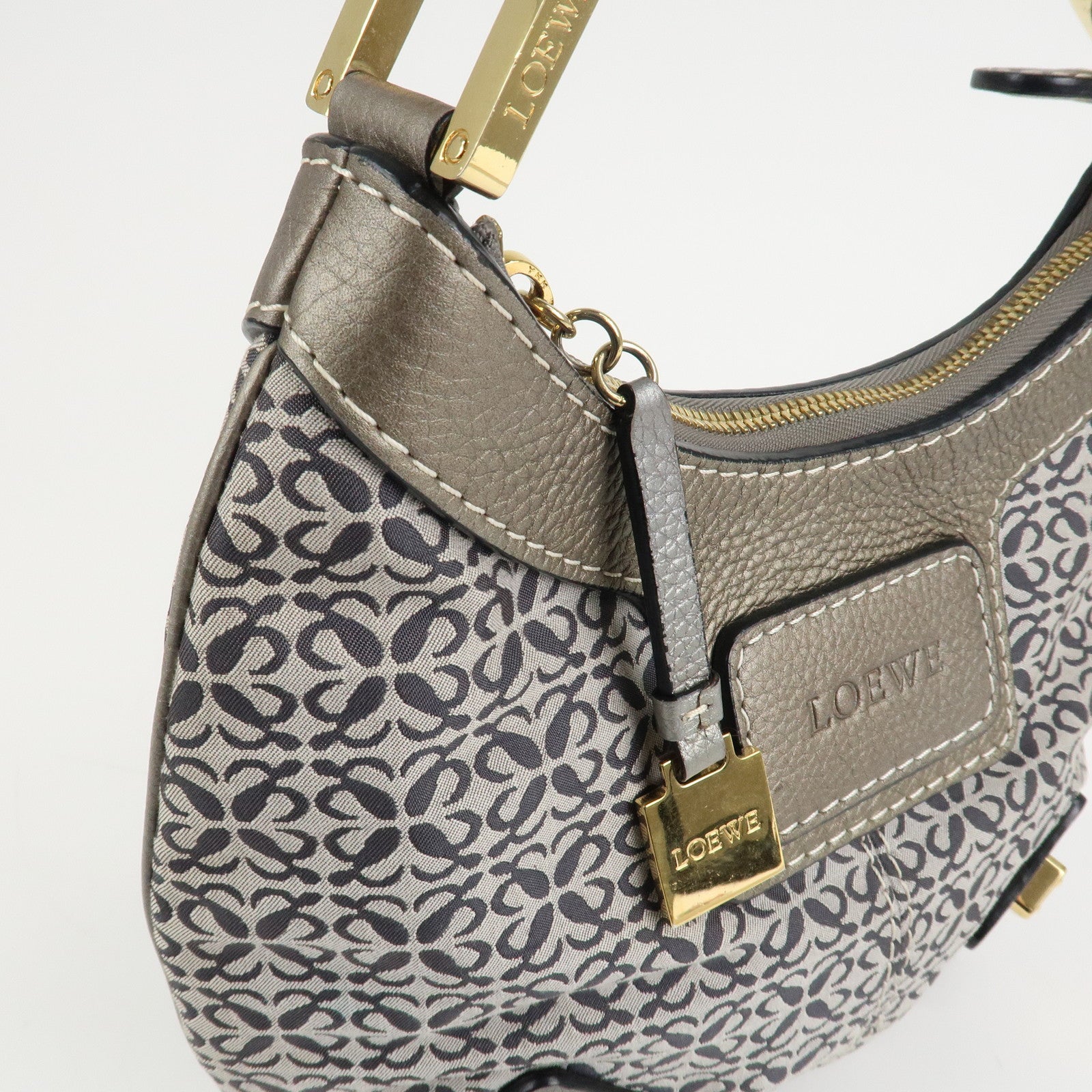 LOEWE New Road Canvas Leather Anagram Hand Bag Gray Silver Gray Used