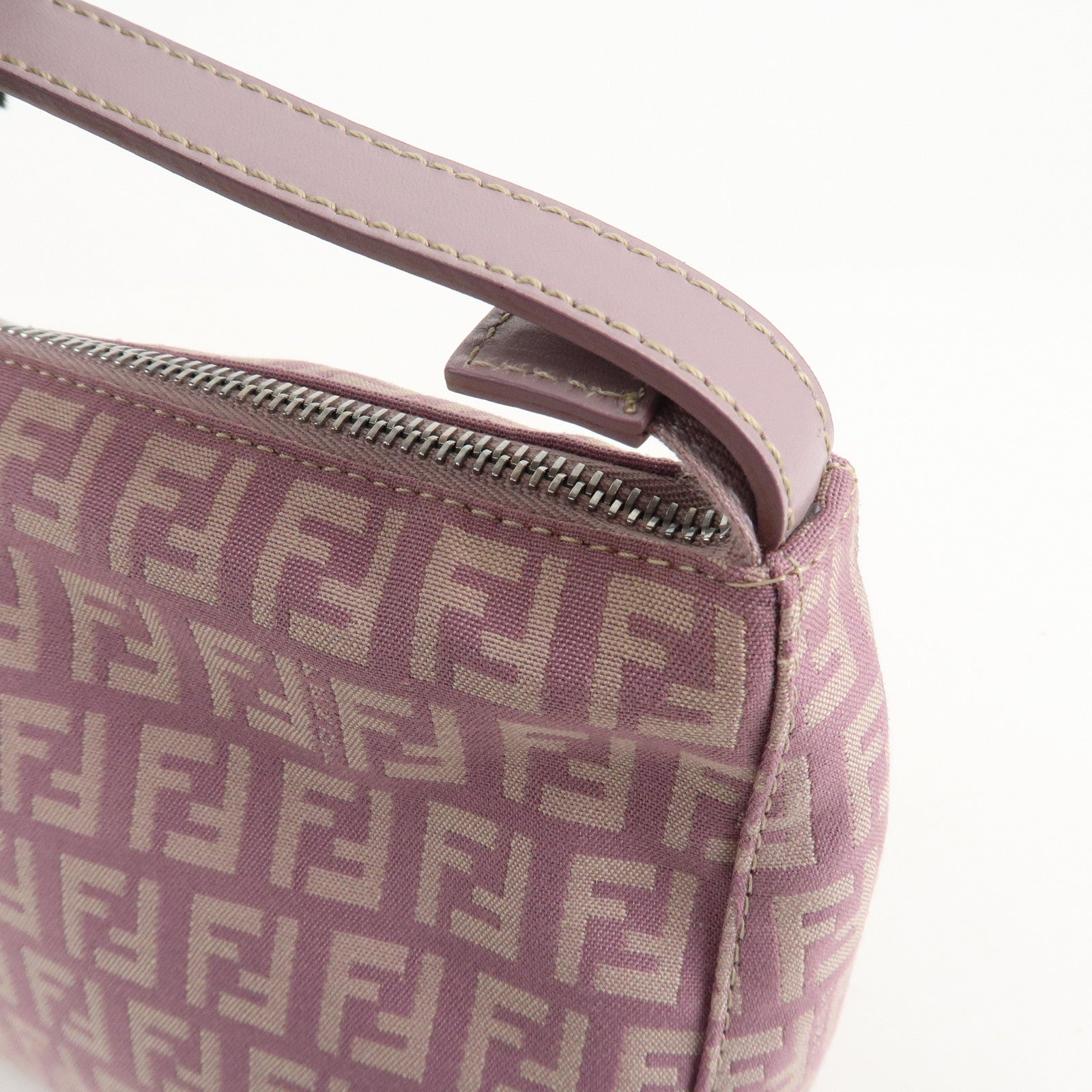 Auth FENDI  Zucchino Canvas Leather Hand Bag Pouch Purple Beige 8N0005 Used F/S