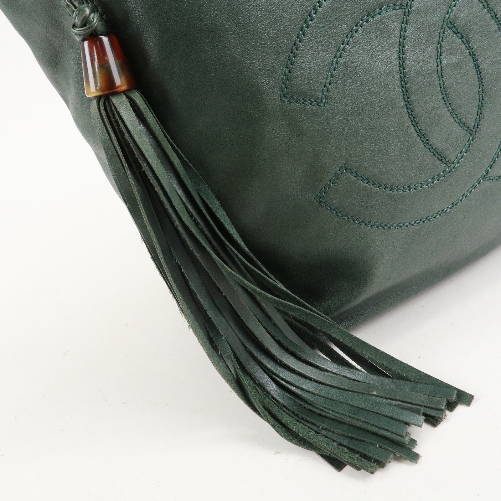 CHANEL COCO Mark Lamb Skin Tassel Fringe Shoulder Bag Green