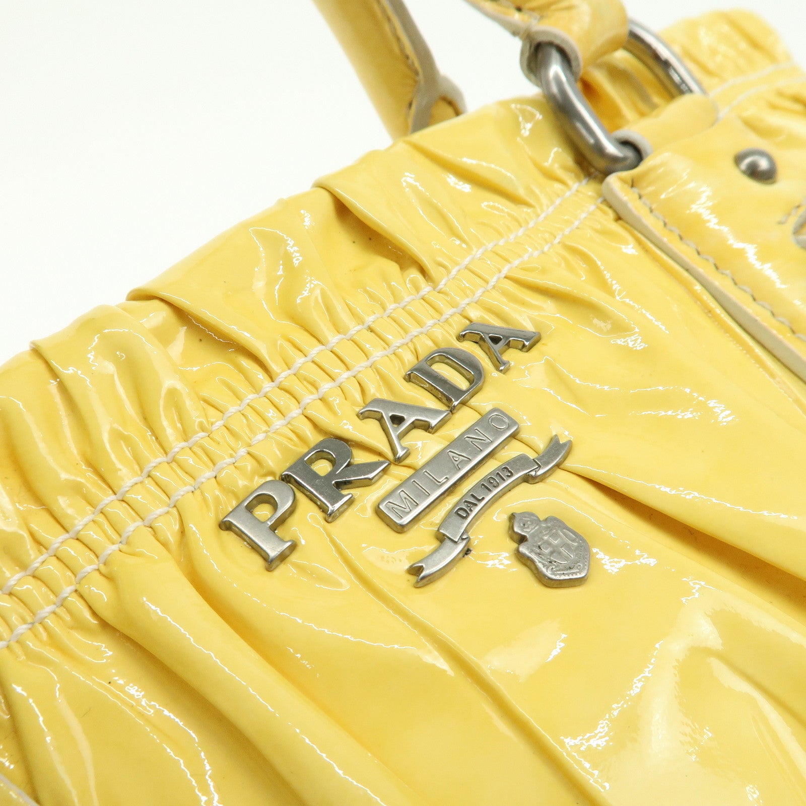 PRADA Patent Leather Gather 2Way Bag Shoulder Hand Bag Yellow