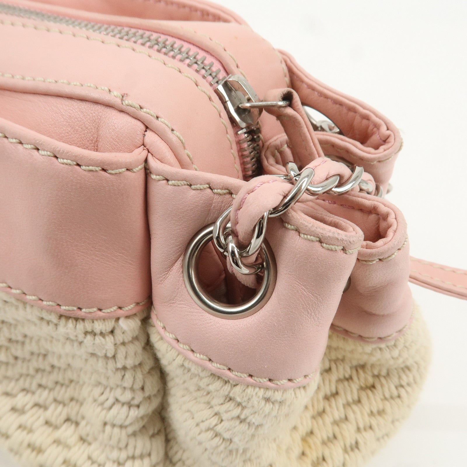 CHANEL Canvas Leather Logo Chain Tote Bag Beige Pink