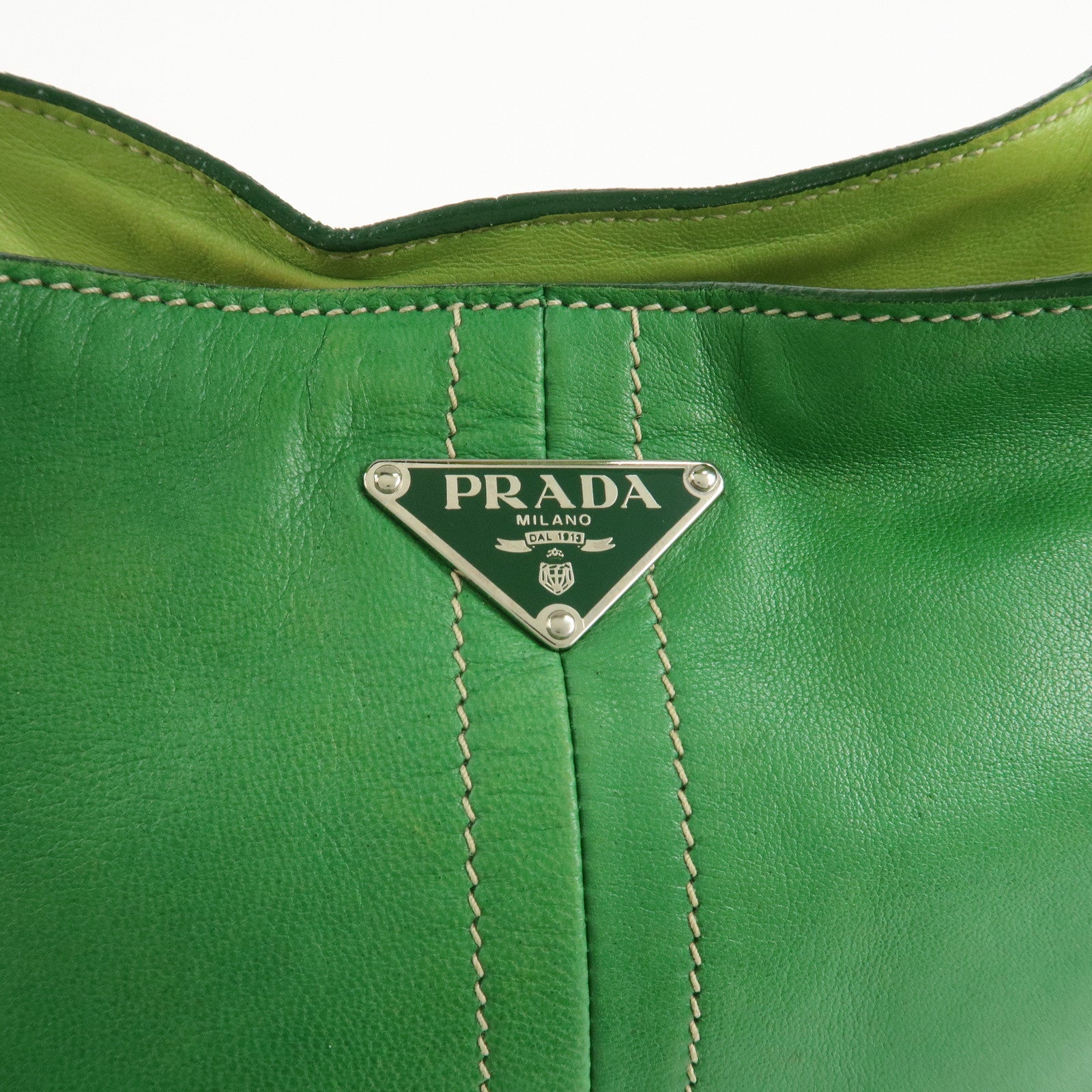 PRADA Logo Leather Tassel Shoulder Bag Hand Bag Green Used