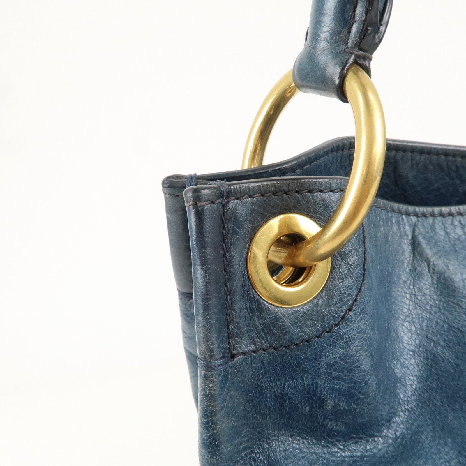 PRADA Logo Leather One Shoulder Bag Blue Gold Hardware BR4829