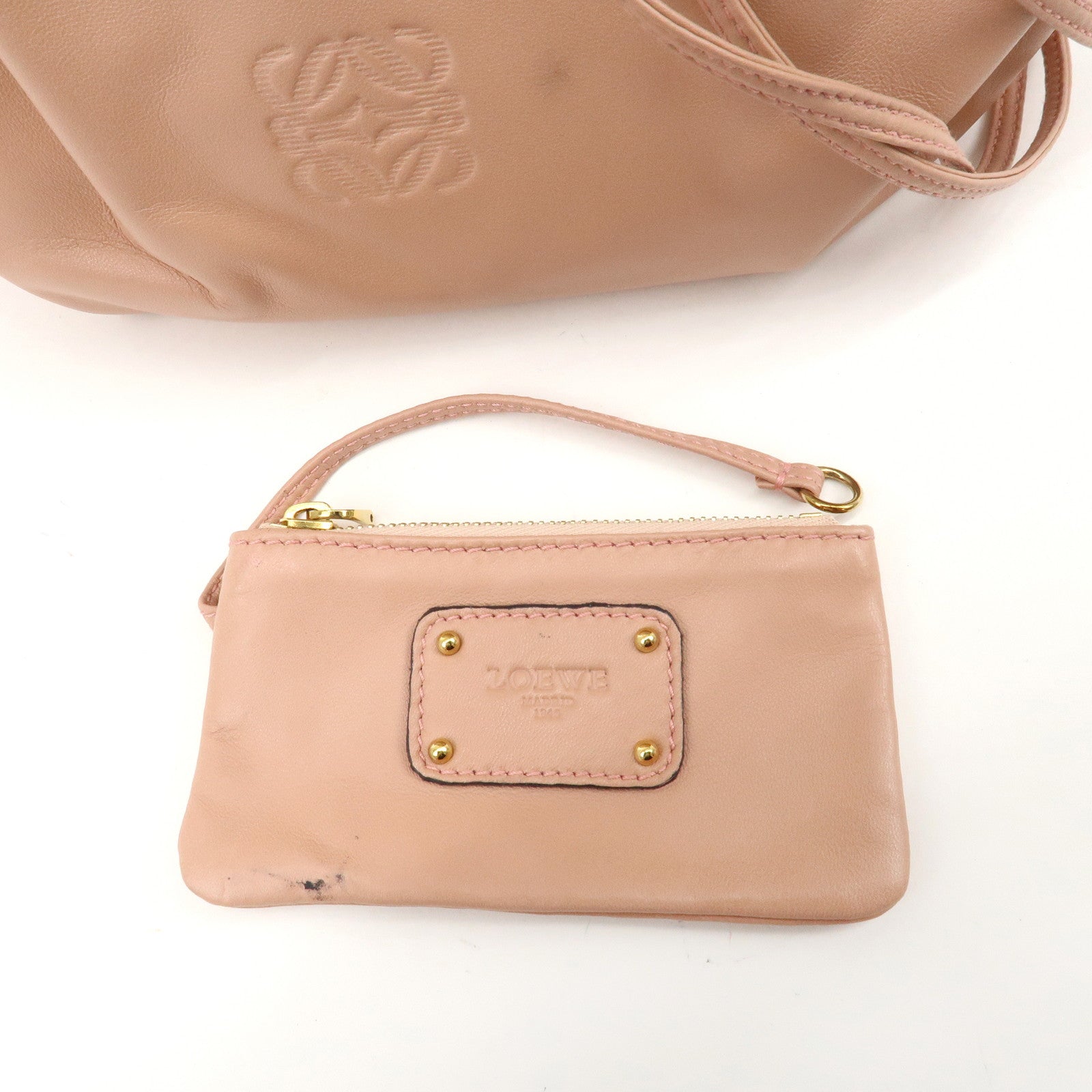 LOEWE Anaglam Leather Shoulder Bag Drawstring Bag Pink Beige