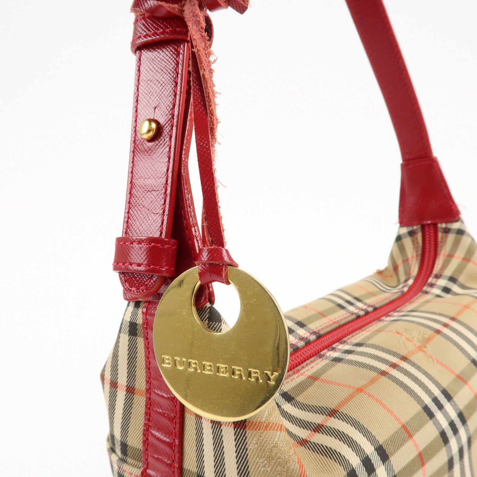 BURBERRY Nova Plaid Canvas Leather Shoulder Bag Hand Bag Red