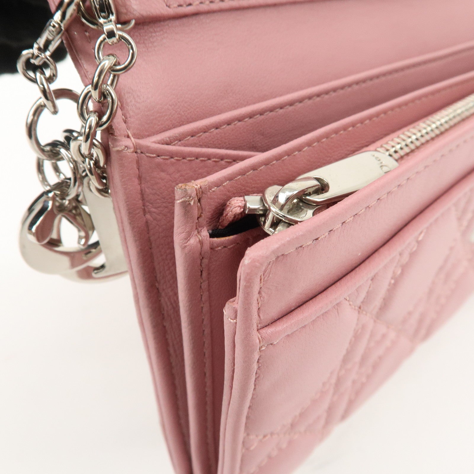 Christian Dior Cannage Dior Leather Chain Wallet Pink Used