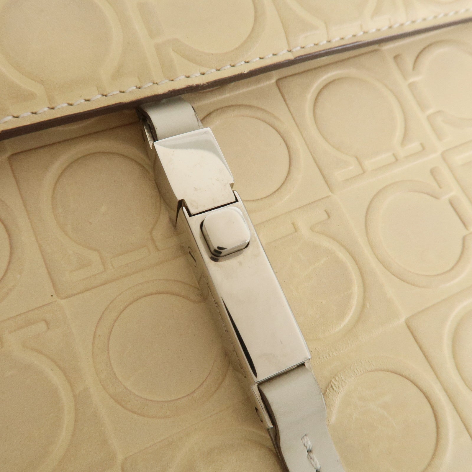 Ferragamo Gancini Pattern Leather Hand Bag Ivory