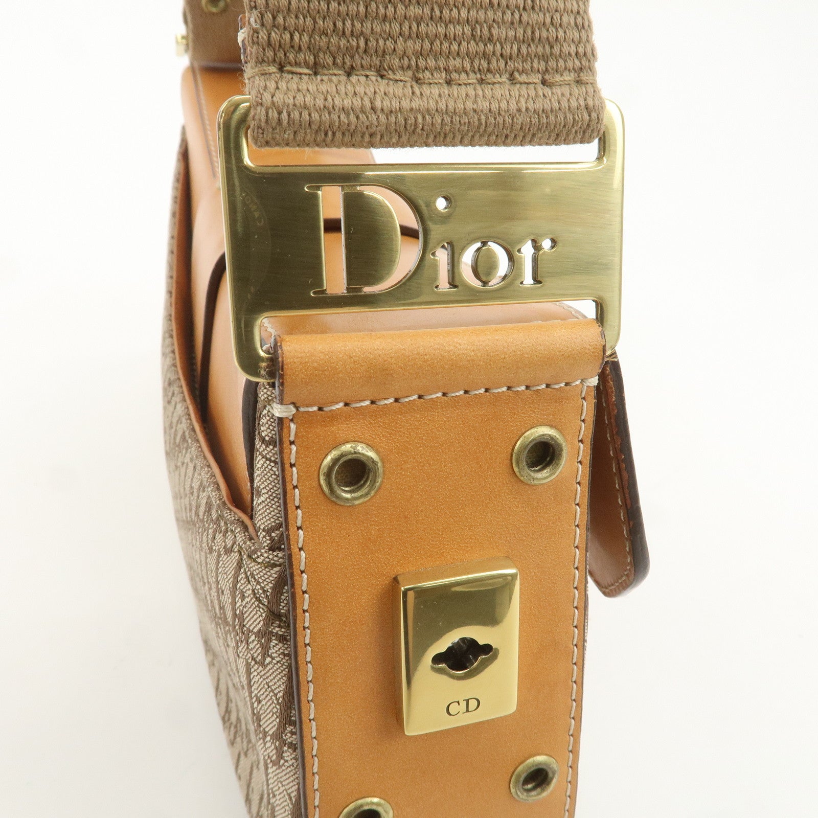 Christian Dior Trotter Canvas Leather Shoulder Bag Light Brown