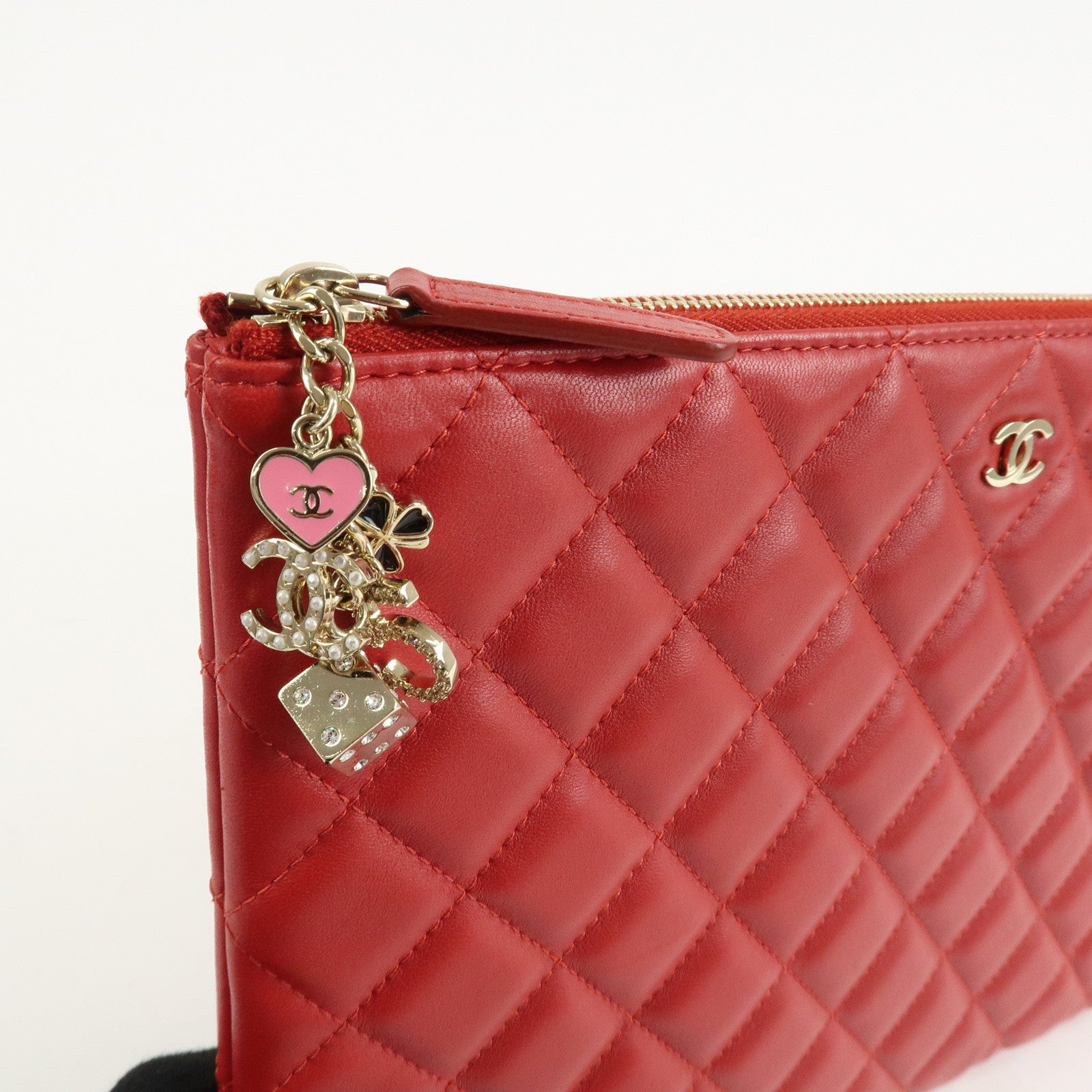 CHANEL Matelasse COCO Mark Lamb Skin Clutch Bag Red Used