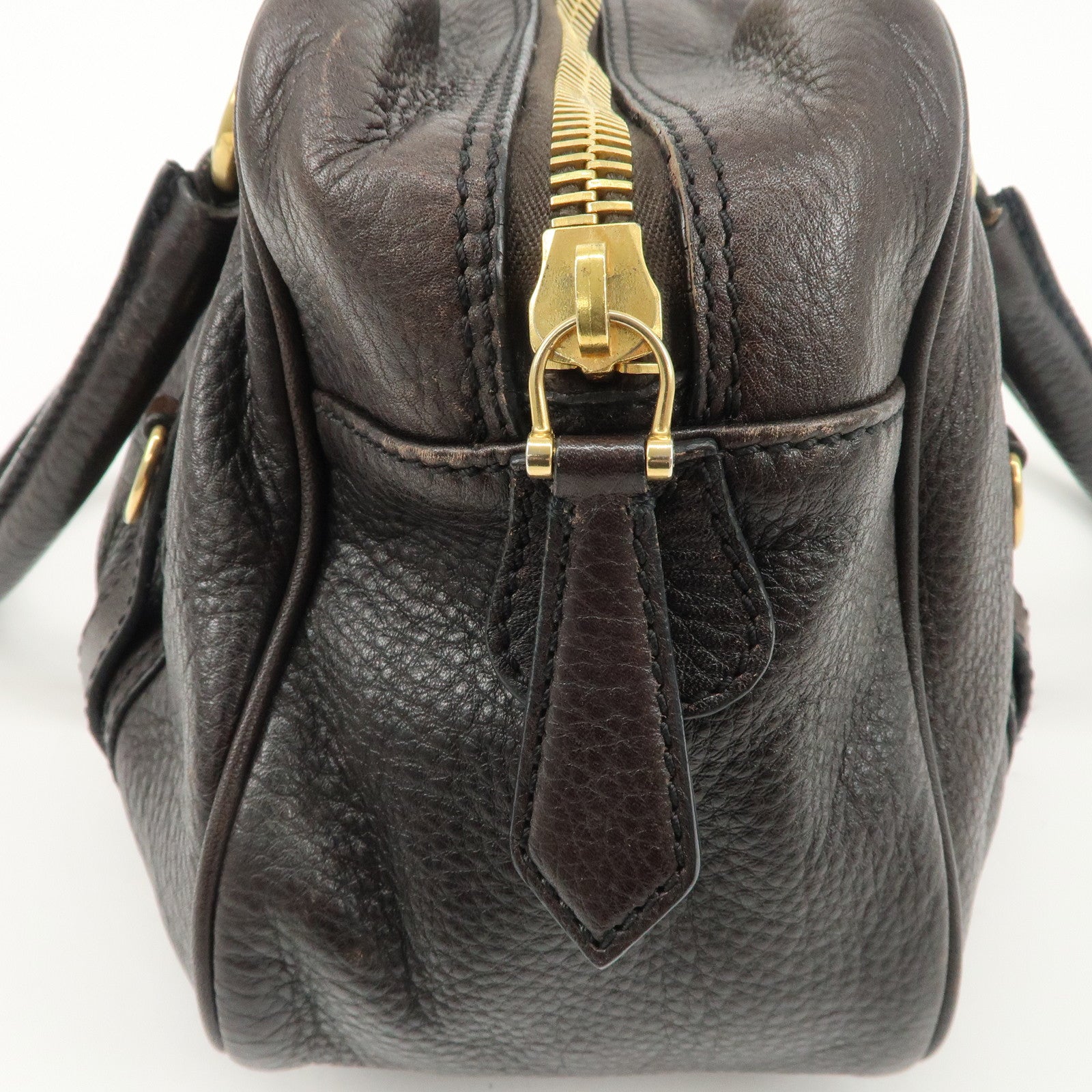 BURBERRY Leather Boston Bag Hand Bag Dark Brown