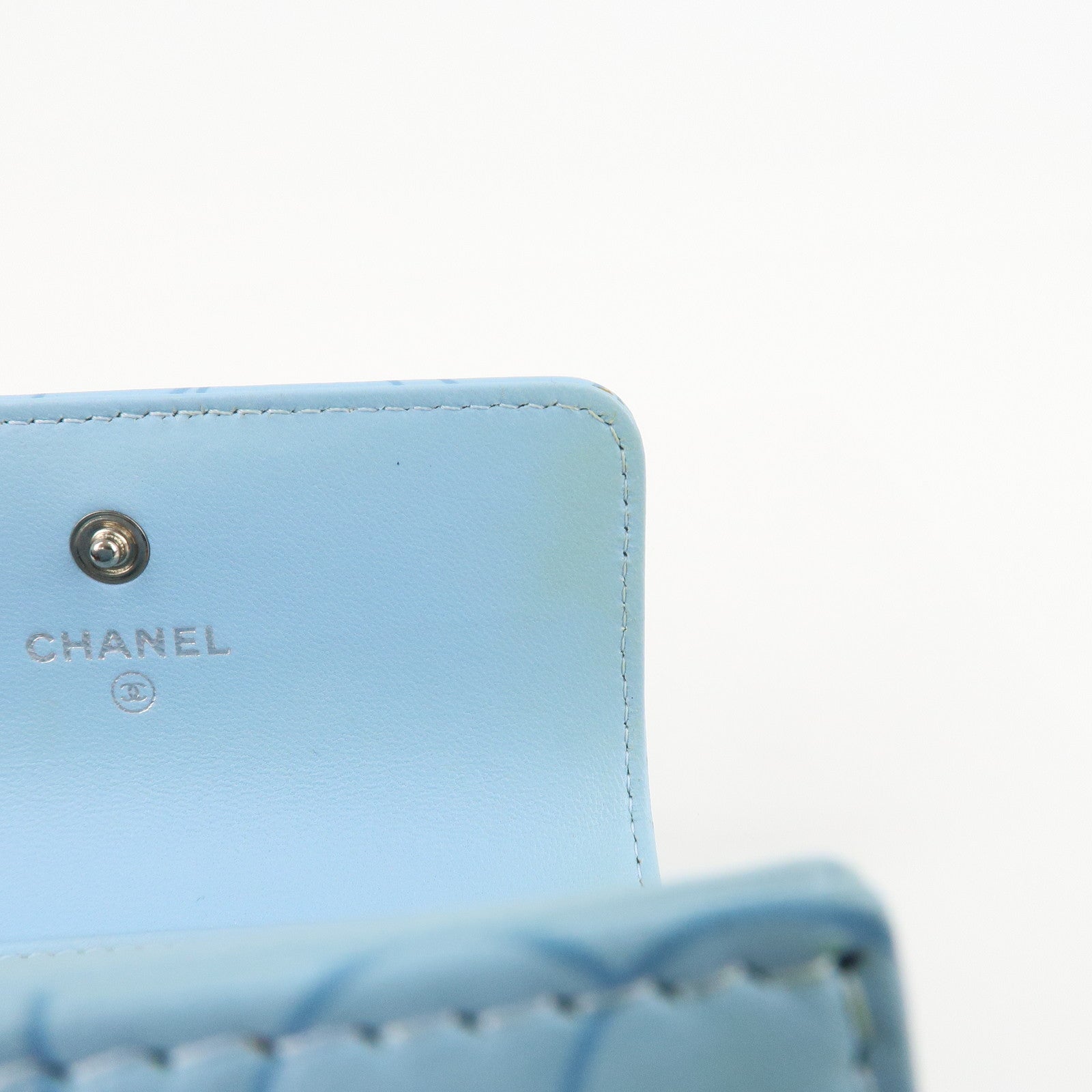 CHANEL Camelia Lamb Skin Bi-fold Wallet Blue Used