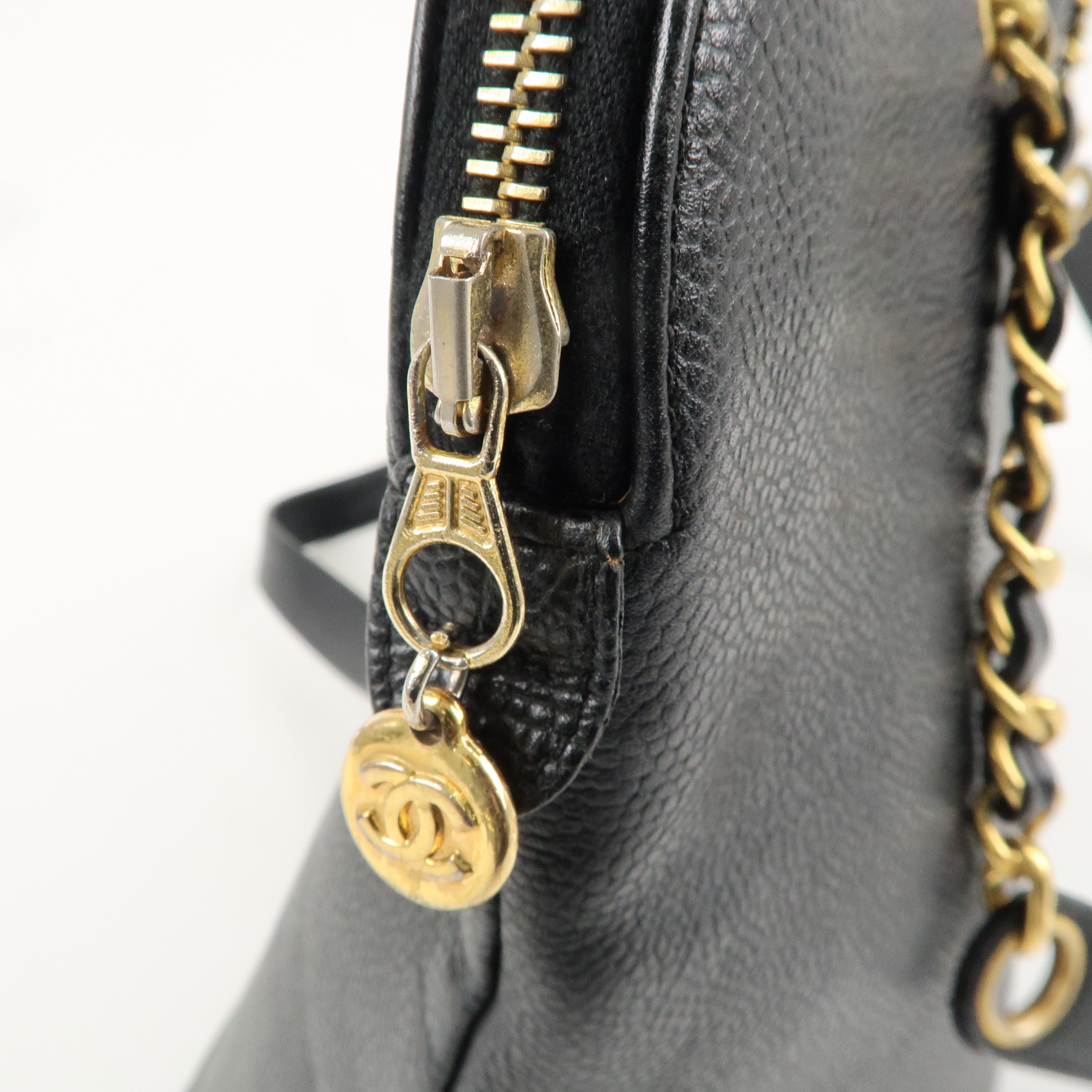 CHANEL Caviar Skin Coco Mark Chain Shoulder Bag Black Gold