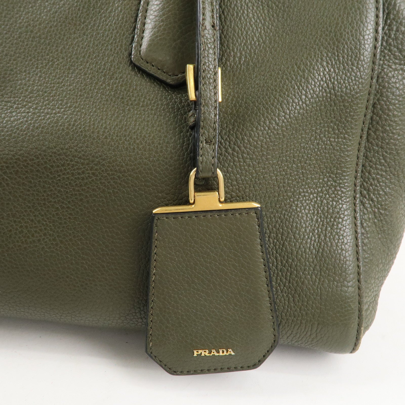 PRADA Logo Leather Hand Bag Shoulder Bag Khaki