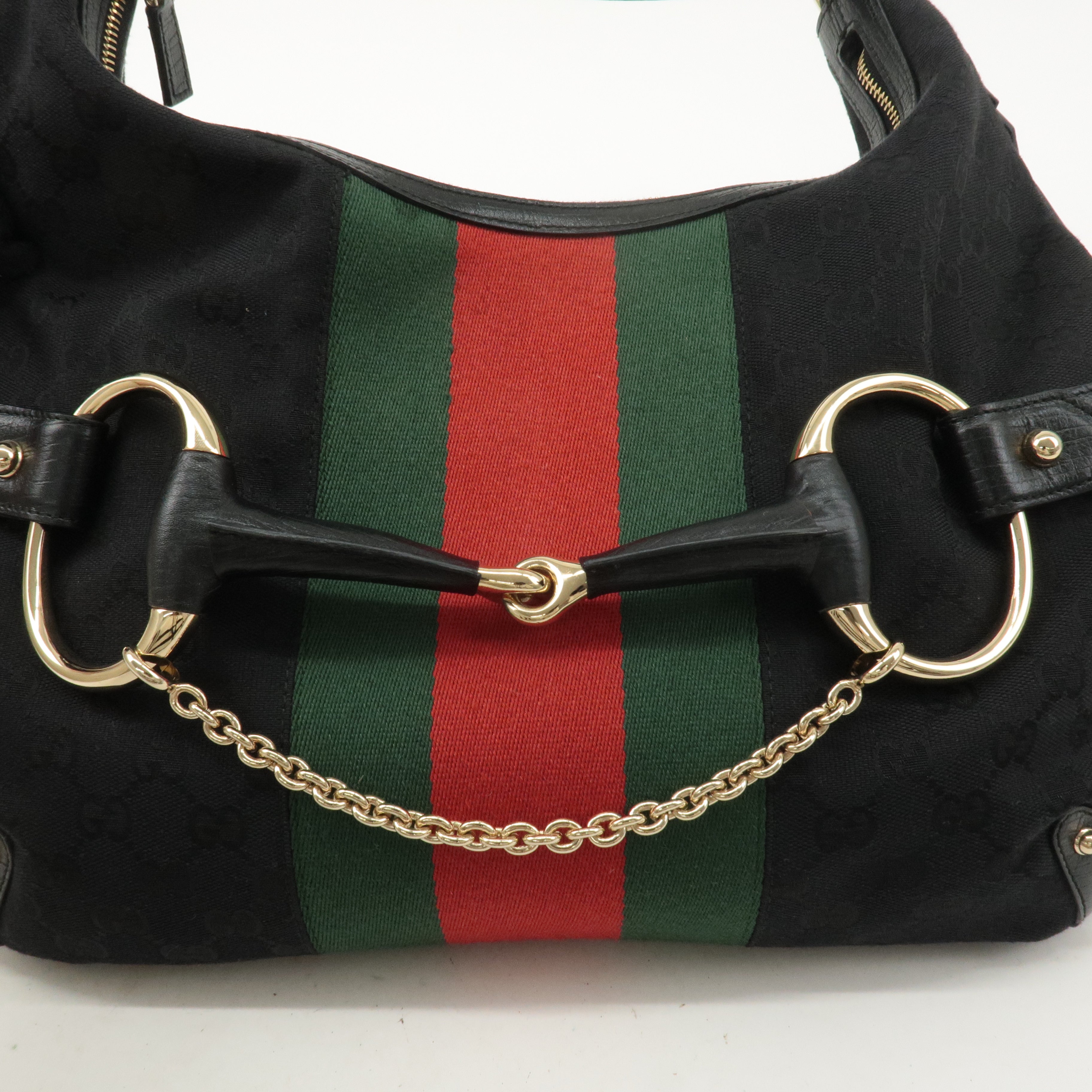 GUCCI Horsebit GG Canvas Leather Shoulder Bag Black 131026