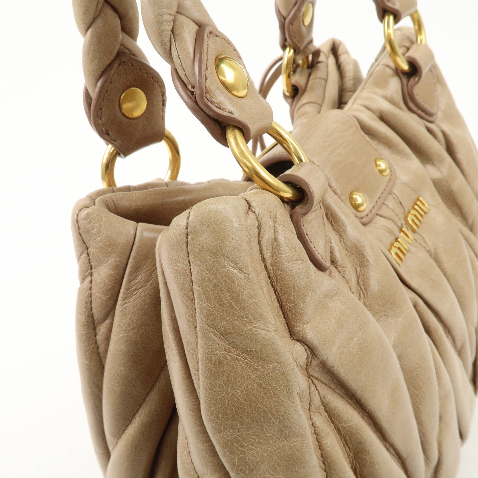 MIU MIU Matelasse Leather Gathered 2Way Shoulder Bag Beige RN0473 Used