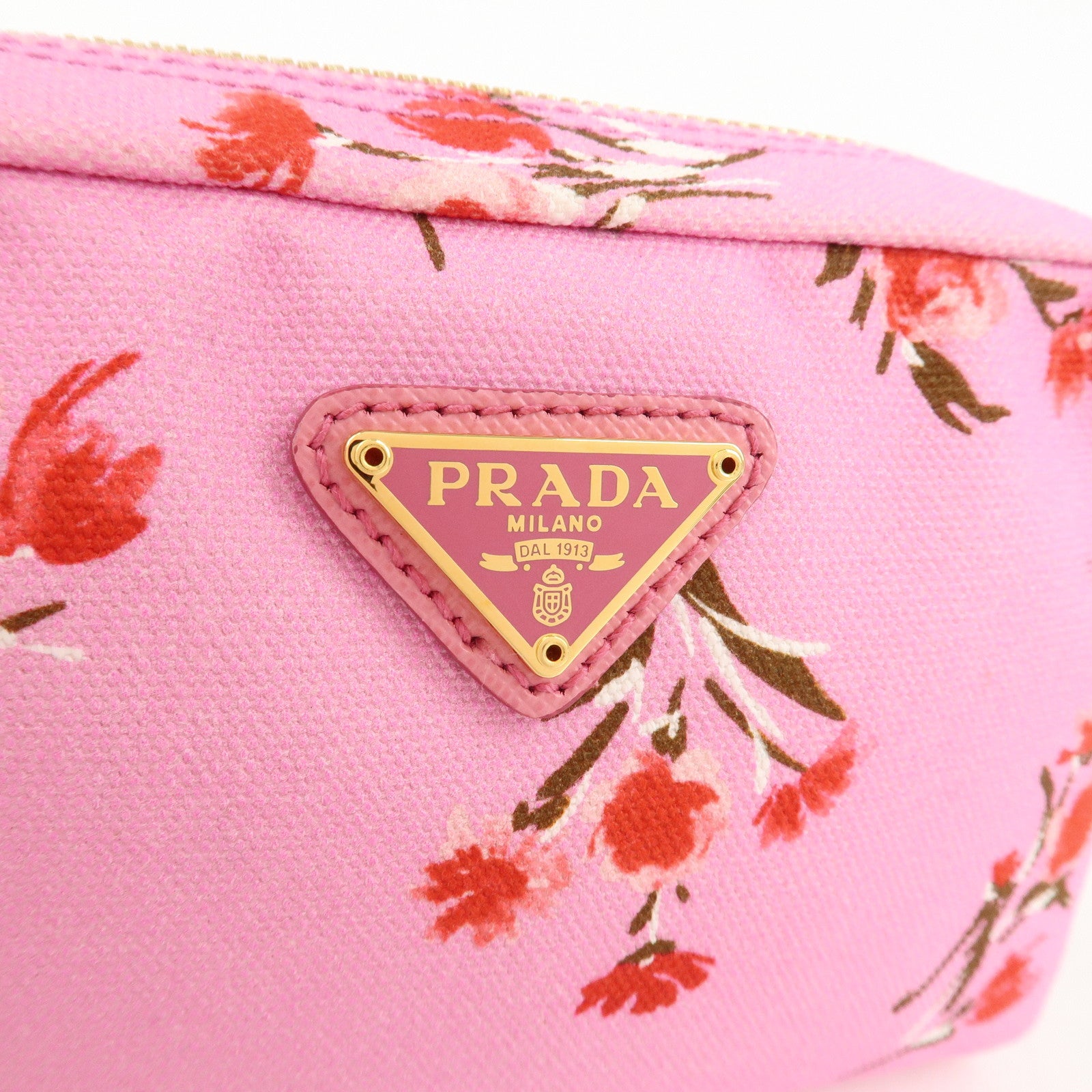 PRADA Canapa Canvas Leather Cosmetic Pouch Flower 1NA021 Pink Used