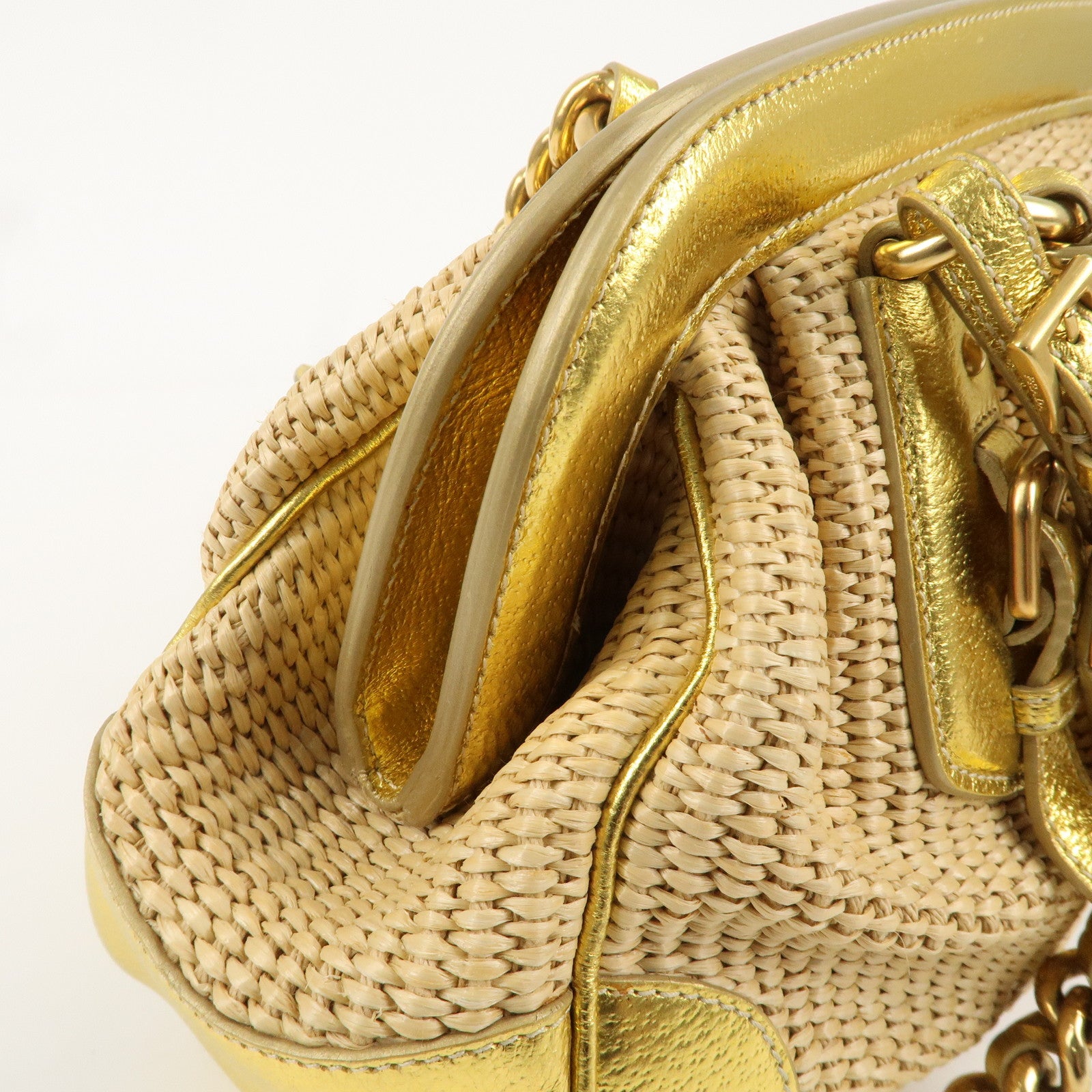 PRADA Raffia Leather Chain Shoulder Bag Natural Gold BR3692