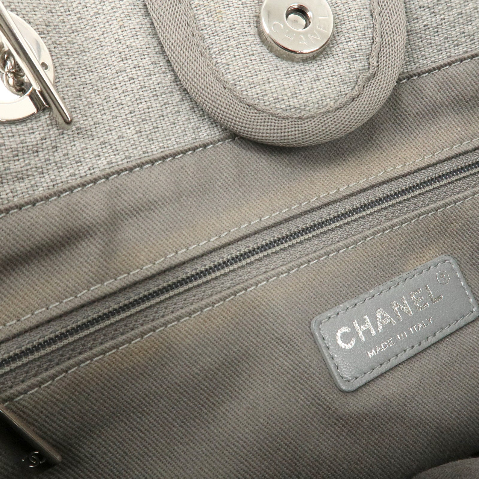 CHANEL Deauville Canvas Leather Chain Tote Bag Gray A67001