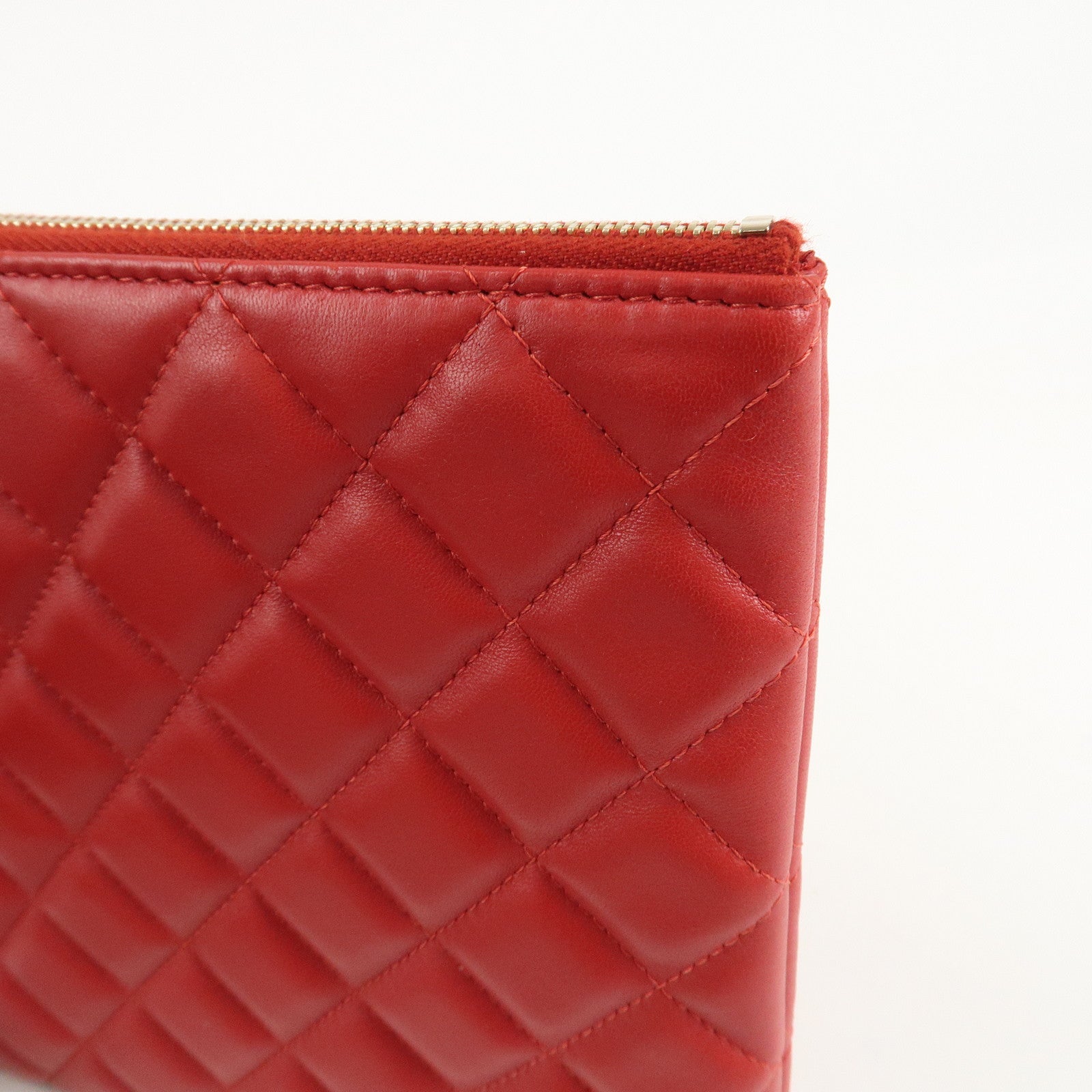 CHANEL Matelasse COCO Mark Lamb Skin Clutch Bag Red Used