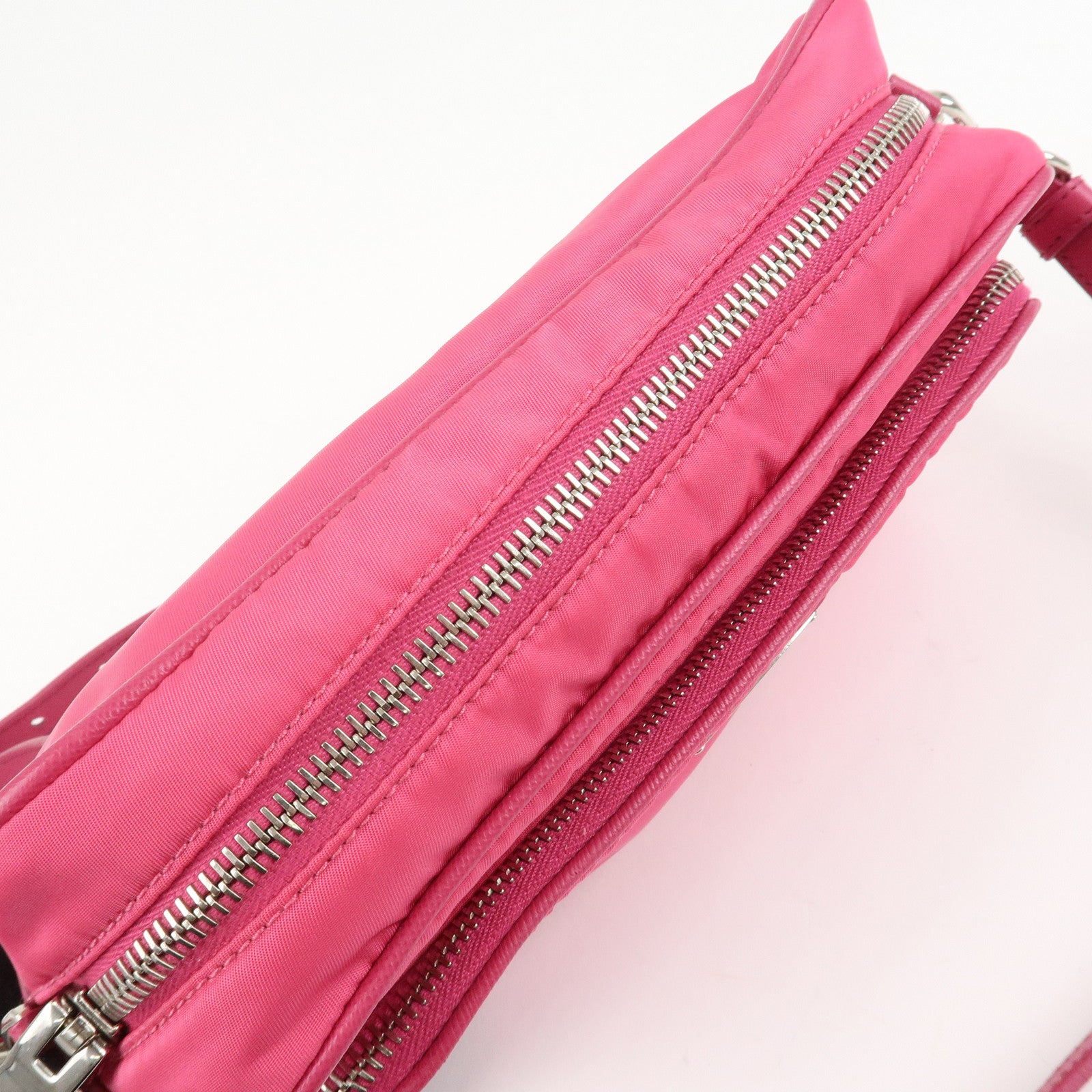 PRADA Triangle Logo Leather Shoulder Bag Pink Silver Hardware Used