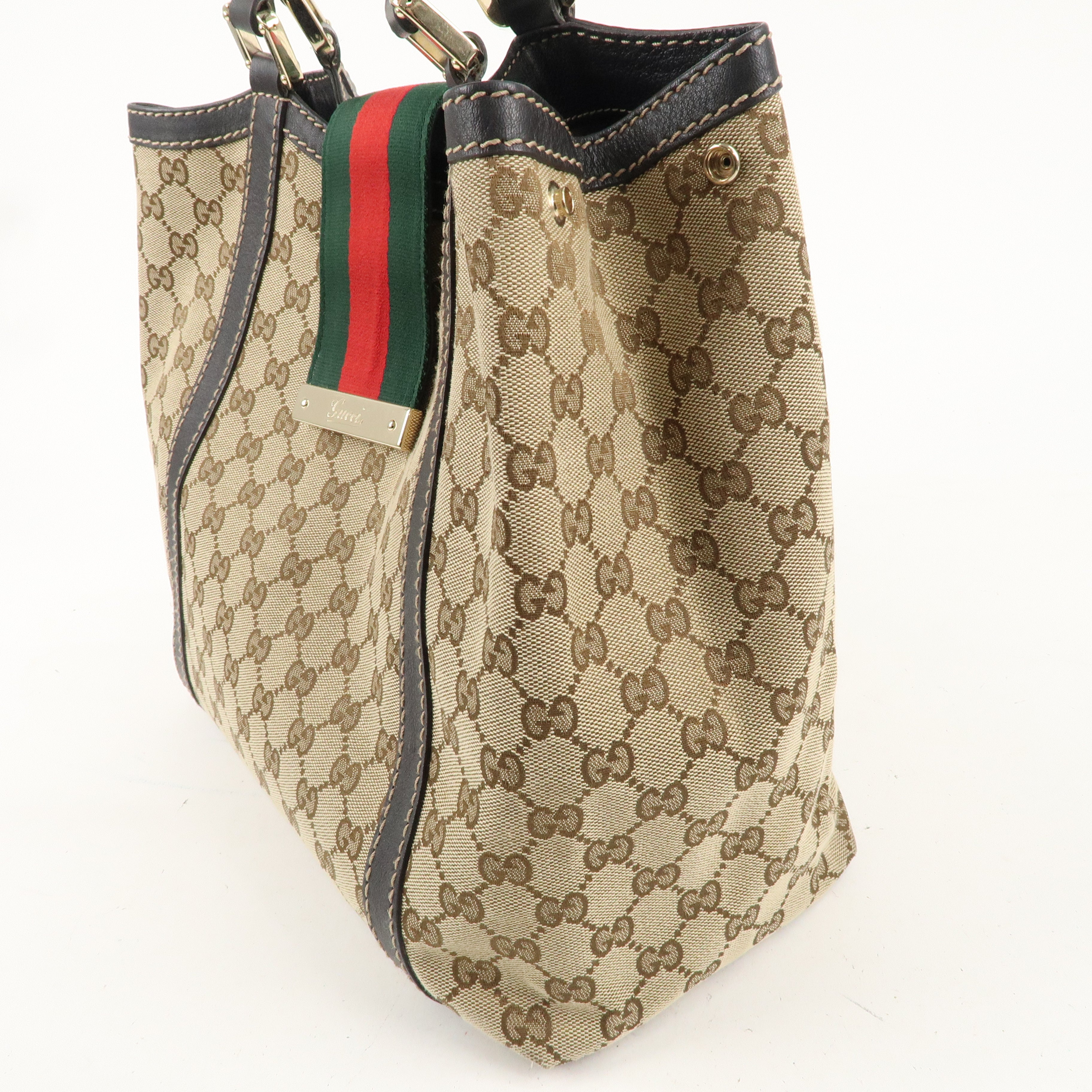 GUCCI Sherry GG Canvas Leather Tote Bag Beige Brown 233607