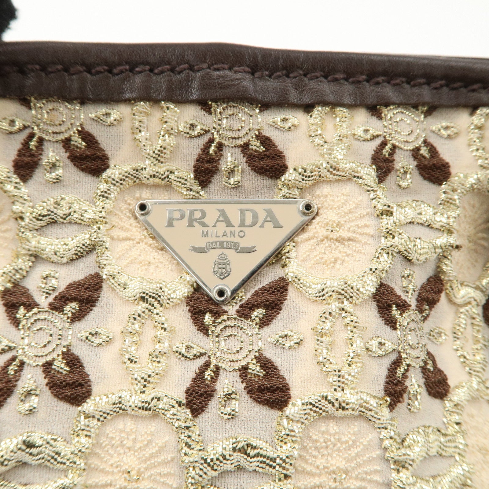 PRADA Tweed Flower Embroidery Tote Bag Beige Gold Dark Brown Used