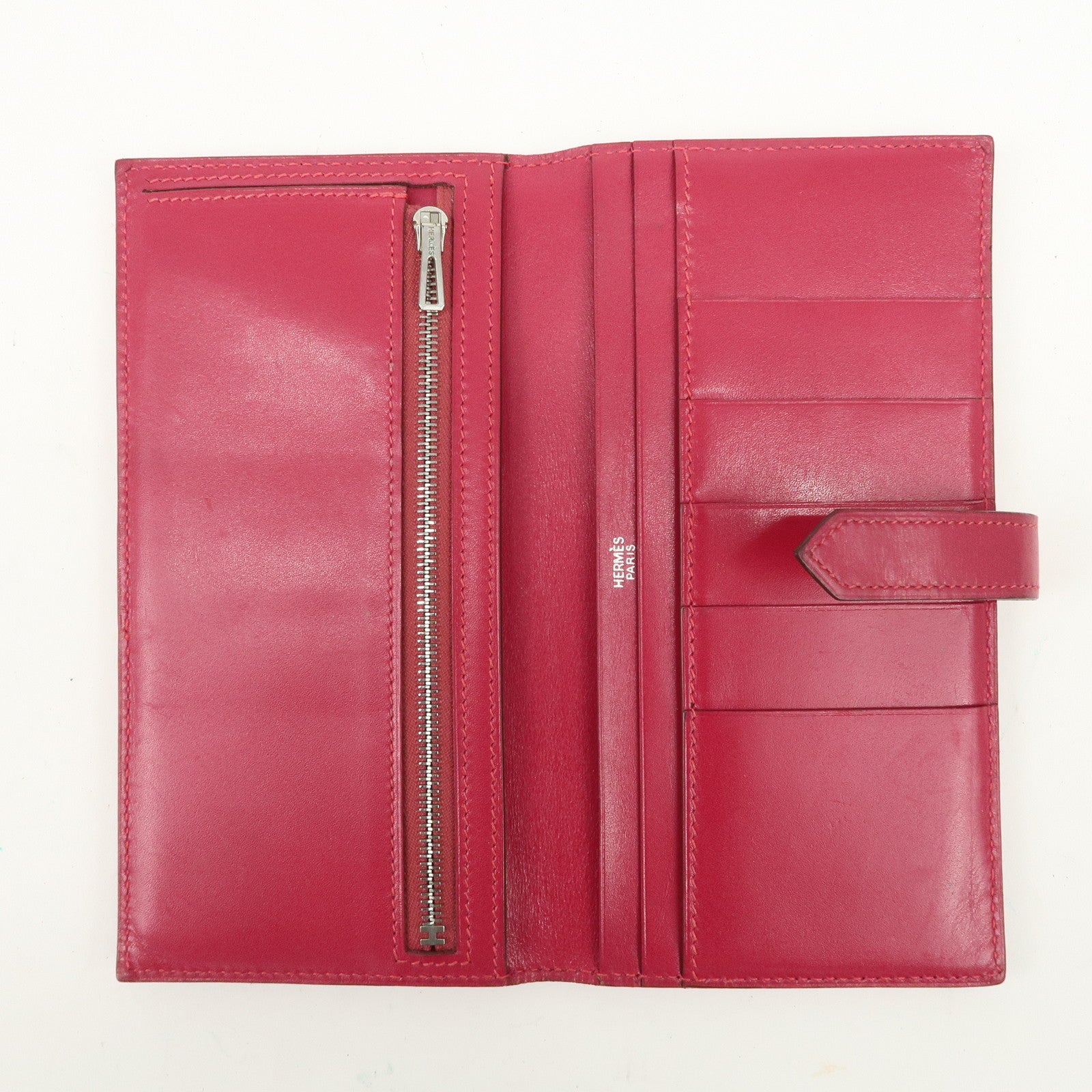 HERMES Leather Bearn I Engraved Long Wallet Pink