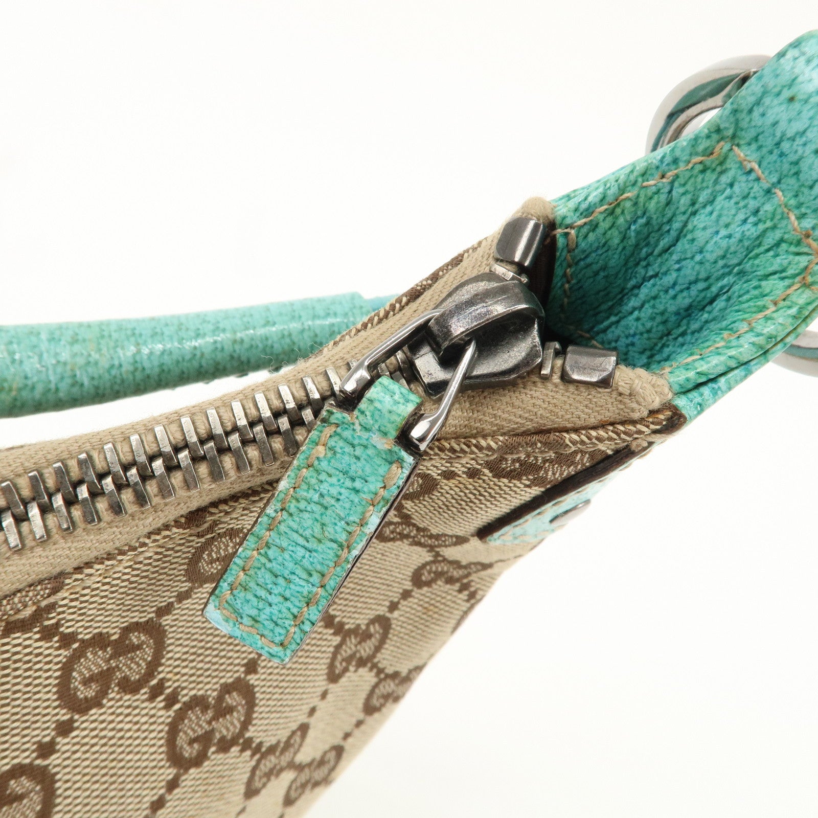 GUCCI GG Canvas Leather Shoulder Bag Beige Turquoise 115002