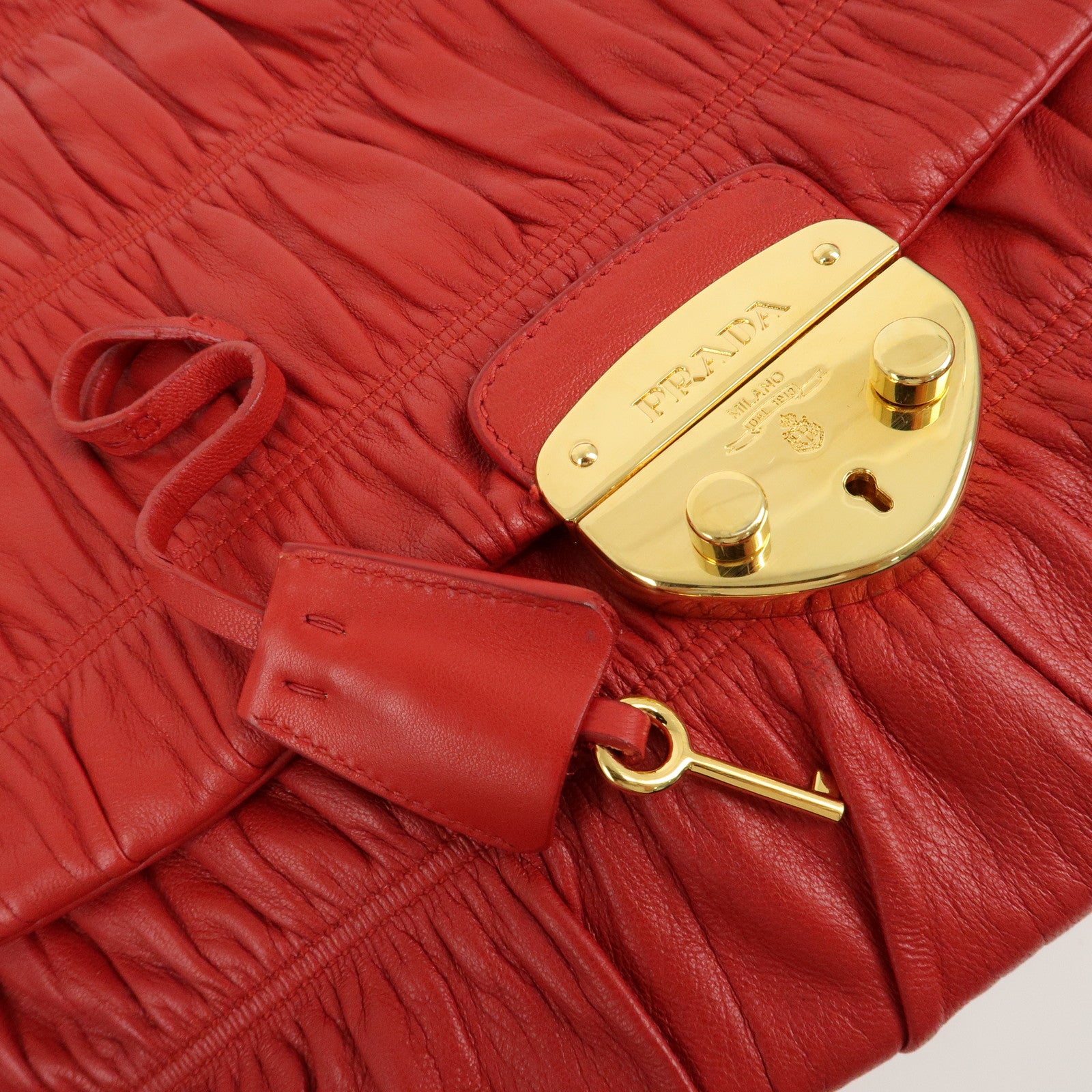 PRADA Logo Gathered Leather Shoulder Bag Hand Bag Red