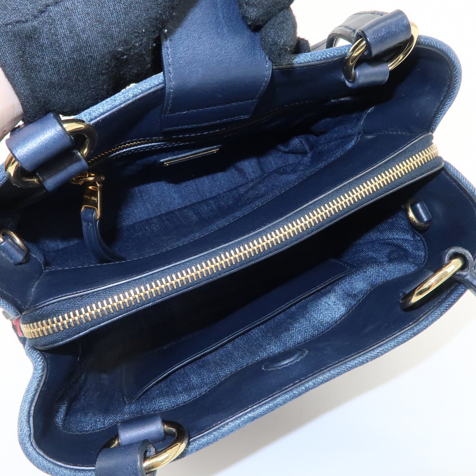 MIU MIU Matelasse Denim Leather 2WAY Tote Shoulder Bag Navy 5BG103