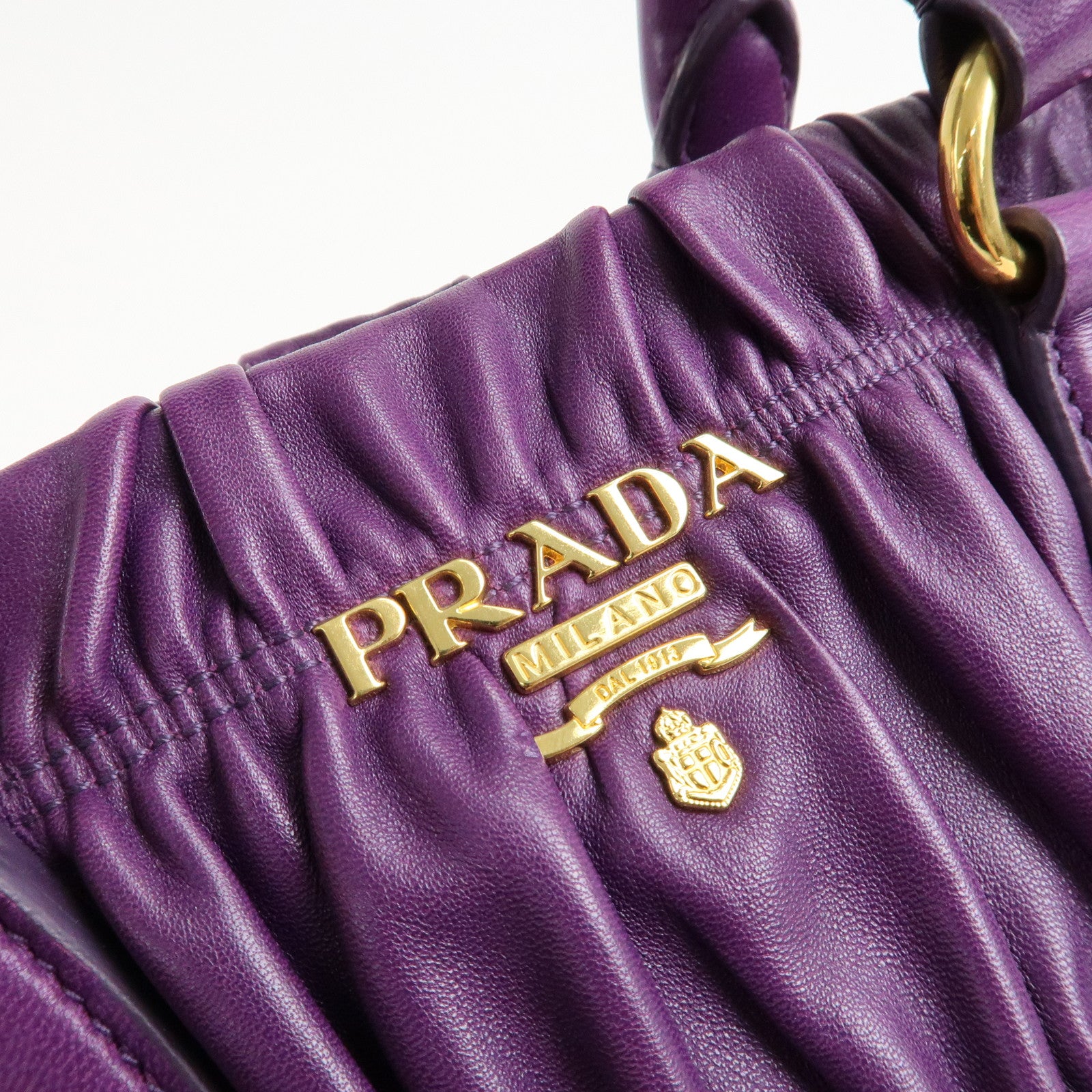 PRADA Leather Gathered Hand Bag Purple Gold Hardware BN2394