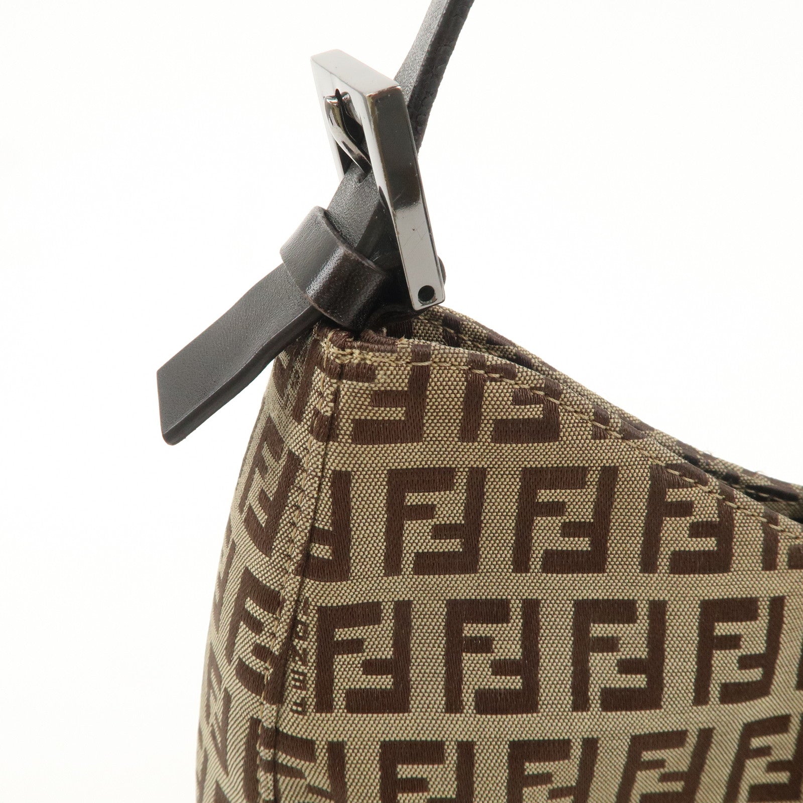 FENDI Zucchino Canvas Leather Shoulder Bag Beige Brown 8BR036