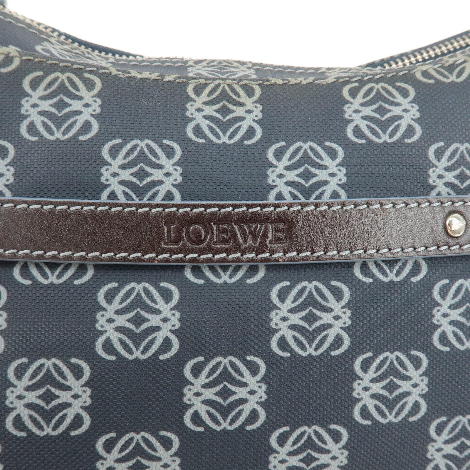 LOEWE Anagram PVC Leather Shoulder Bag Navy White Brown Used