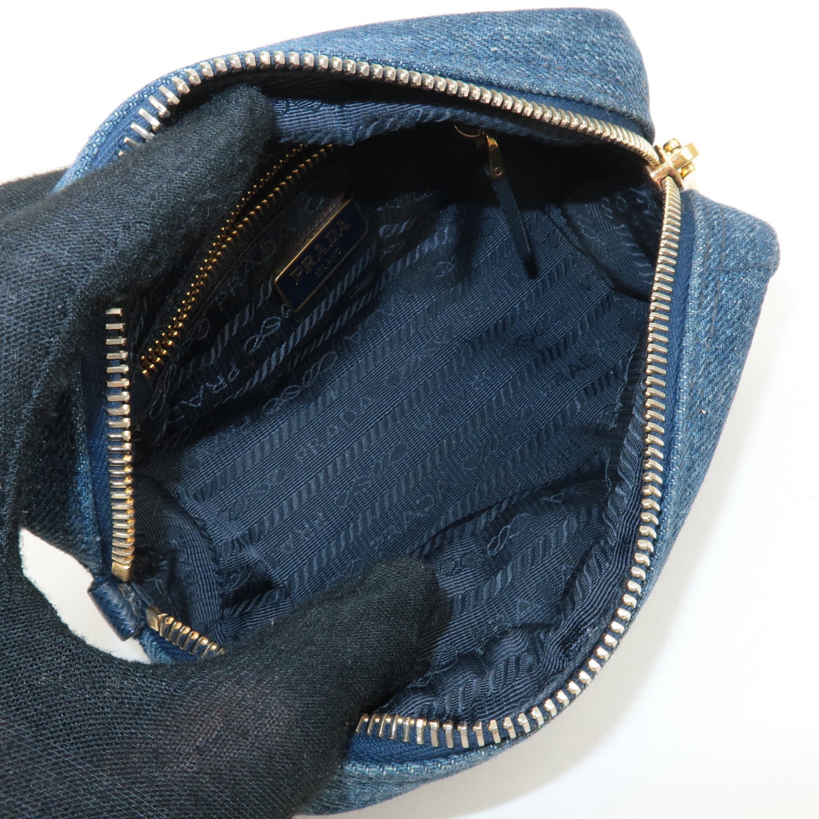 PRADA Logo Denim Pouch Cosmetic Pouch Blue Gold Hardware