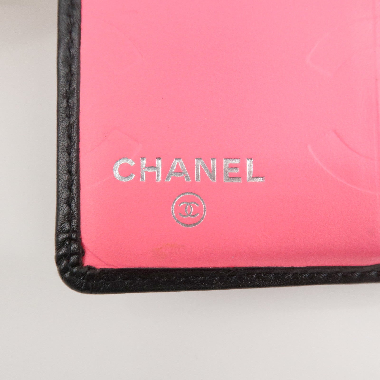 CHANEL Cambon Line Lambskin Bi-fold Wallet Black Pink A26720 Used