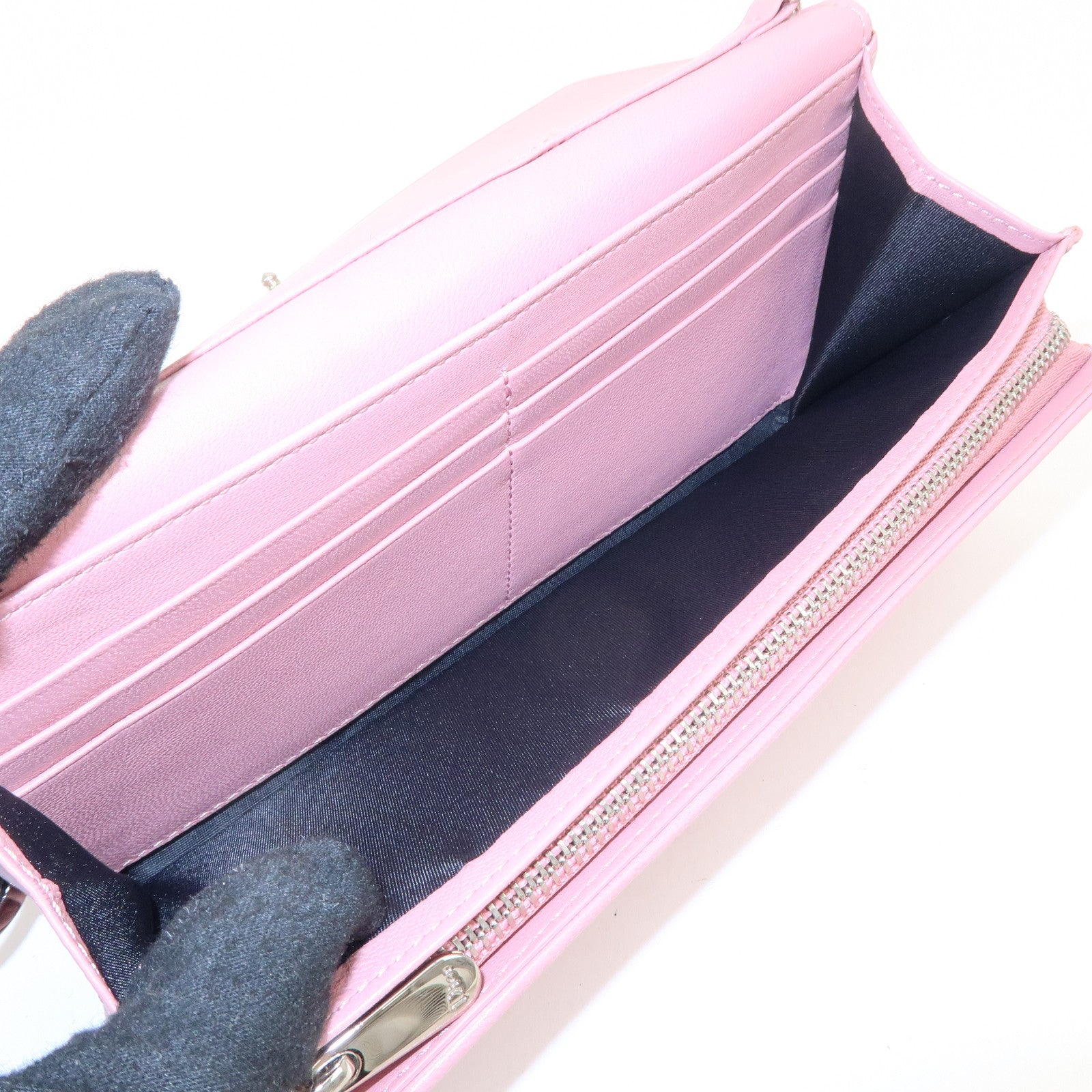 Christian Dior Cannage Dior Leather Chain Wallet Pink Used