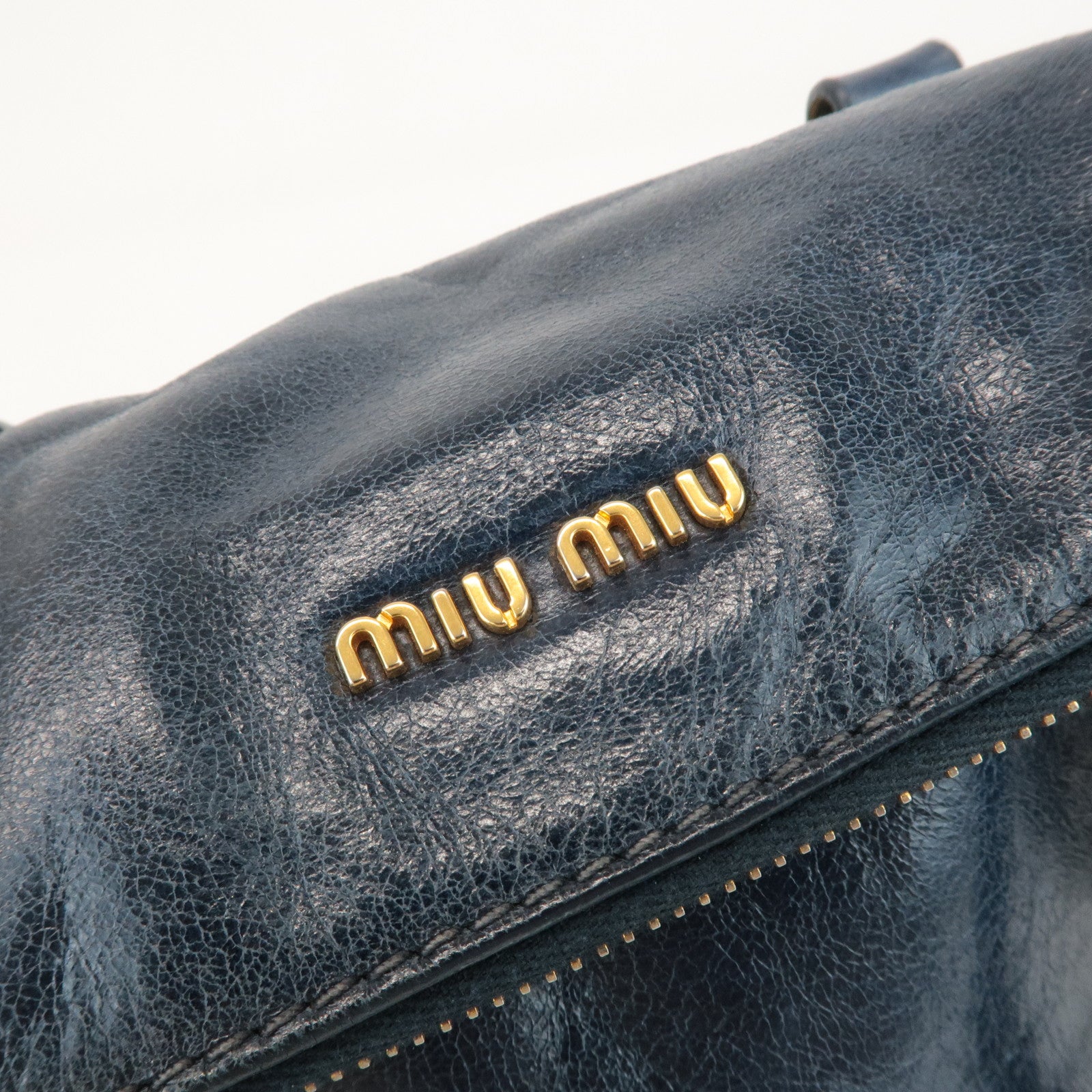 MIU MIU Ribbon Leather 2Way Shouder Bag Hand Bag Navy Used